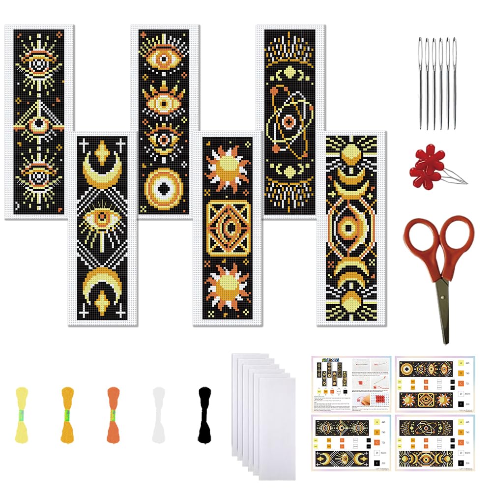 FREEBLOSS 6 Set Cross Stitch Bookmark Kits Evil Eye Stamped Cross Stitch Kit Embroidery Bookmarks Moon Phases Stamped Cross Stitch Kits Embroidery Kit for Adults Beginners with Clear Instructions