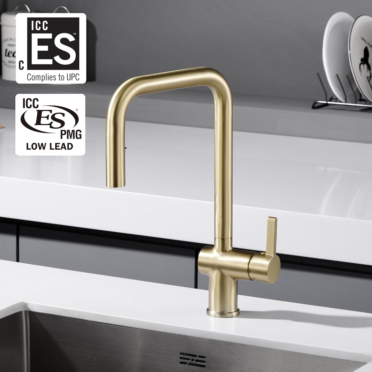 SUMERAIN Pull Out Kitchen Faucets with Dual Sprayer Mode, Single Hole Stainless Steel Modern Kitchen Sink Faucet Brushed Gold