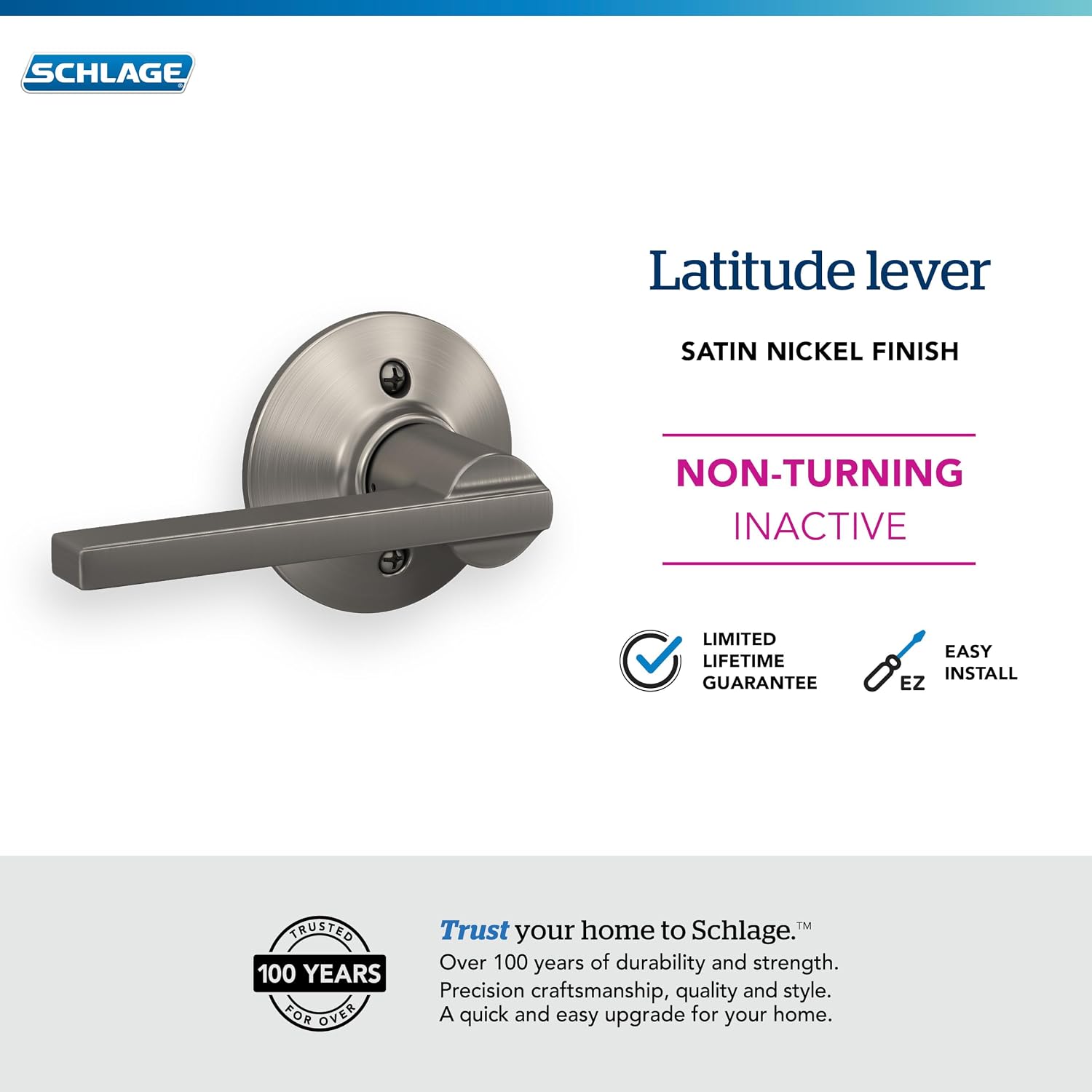 SCHLAGE Latitude Non-Turning Dummy Door Handle, Reversible, Satin Nickel image 4