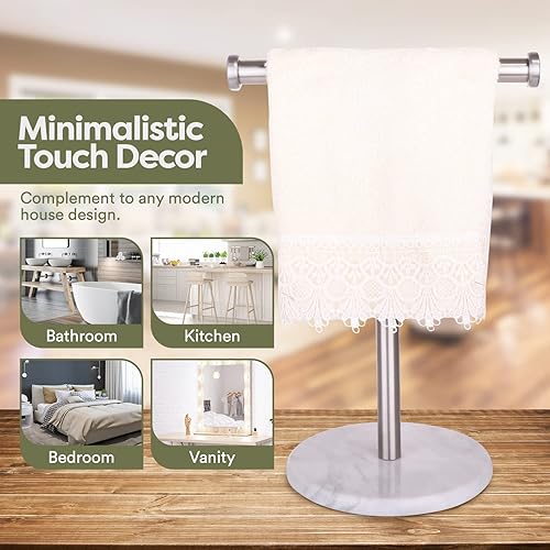 Miniatura 7 de Homeries Toallero de mano de mármol  Toallero de acero inoxidable con base redonda de mármol  Moderno valet de toalla de mano en forma de T para