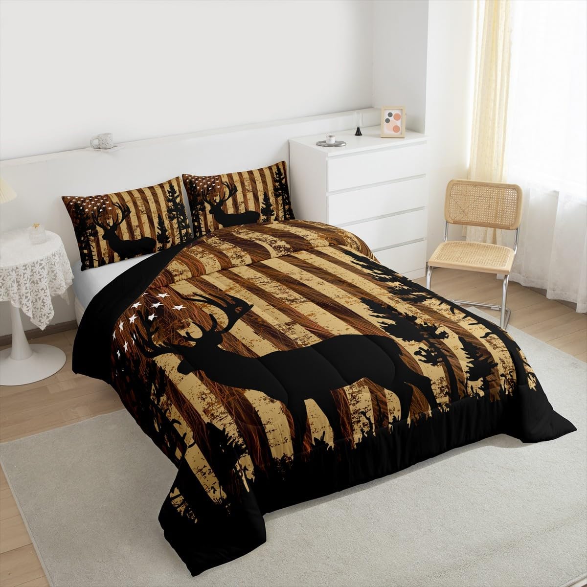 Cow Fur Comforter Cover Comforter Set American Flag Deer Antlers Hunting Bedding Set for Boys Girls Microfiber Wildlife Animal Brown Animal Skin Duvet Set Room Decor Comforter Inner Fill Twin Size