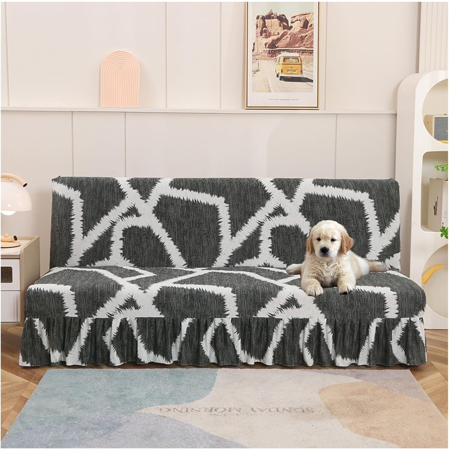 Printed Milk Silk Futon Slipcover, Cat Scratch Proof Armless with Skirt Sofa Cover Stretch Universal Washable Sofa Bed Cover for Living Room(3#, L)