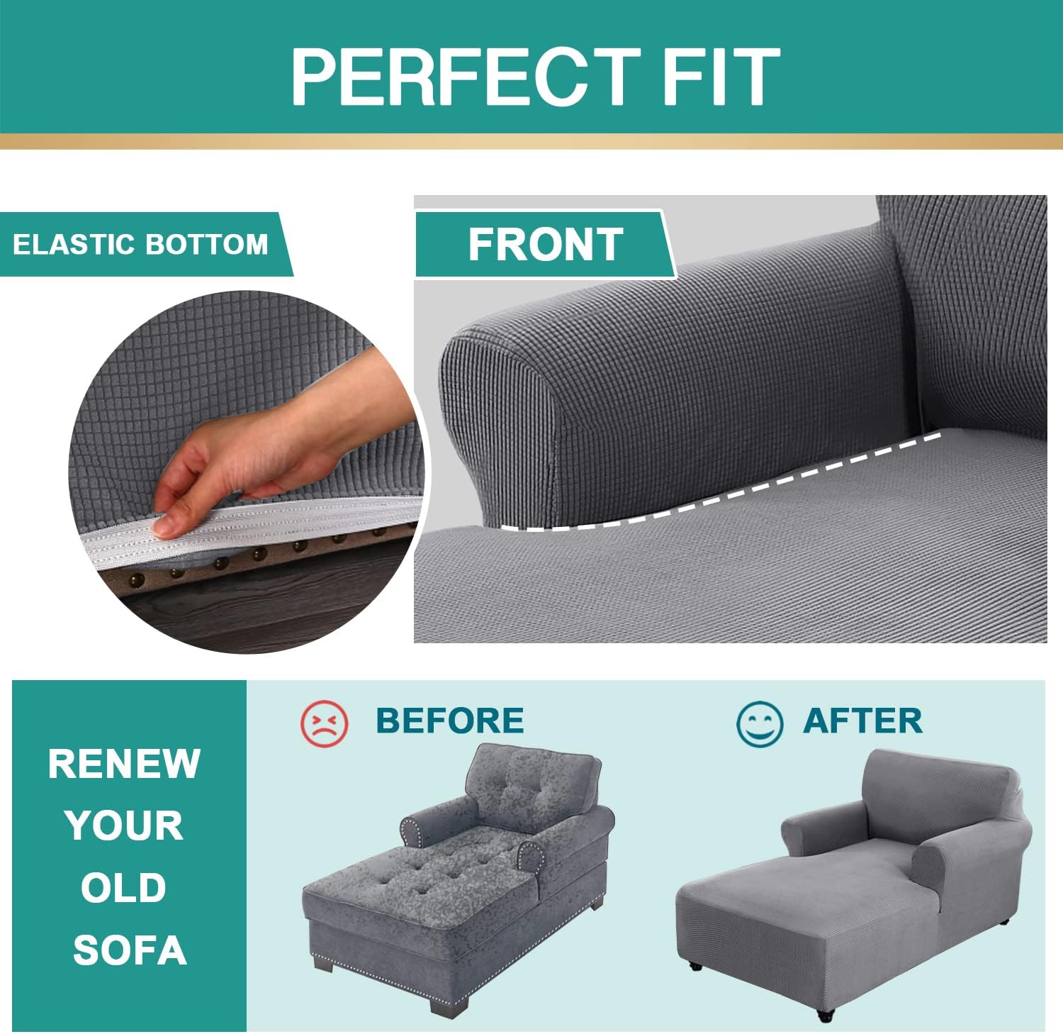 ele ELEOPTION Chaise Lounge Cover Stretch Sofa Chaise Cover with Arms Slipcover for Dog Pet Bedroom Furniture Couch Covers Washable Light Gray