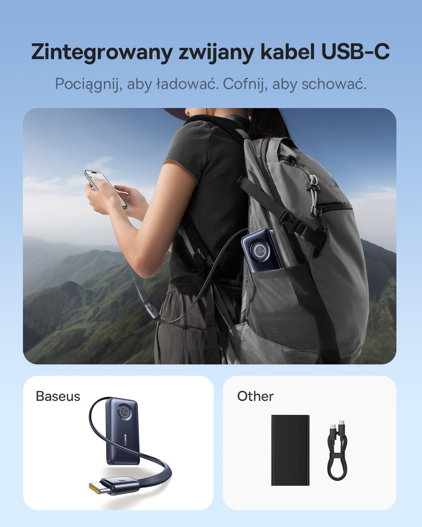 Powerbank Baseus EnerCore 10000 mAh 45 W z chowanym kablem USB-C o długości 60 cm, maksymalna moc z 1x USB-C, kompatybilny z urządzeniami iPhone 16/15 Series, iPad, MacBook, Galaxy, AirPods