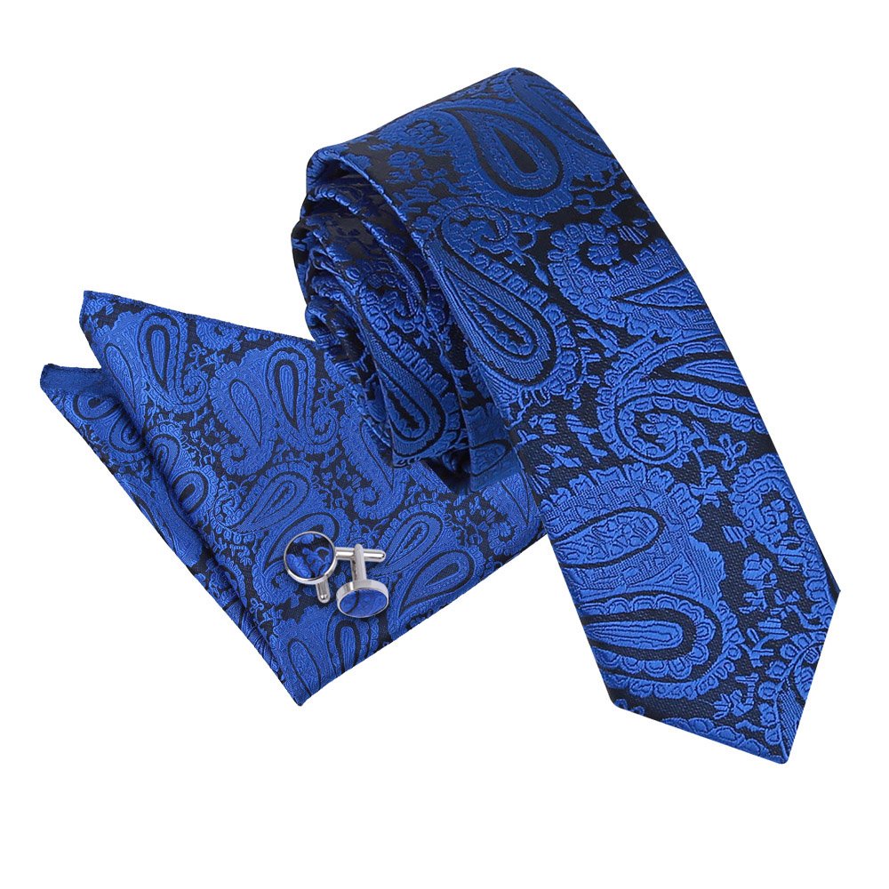 DQT Mens Paisley Floral Jacquard Skinny Tie, Pocket Square & Cufflinks Set (3pc) - Wedding, Business & Formal - Royal Blue