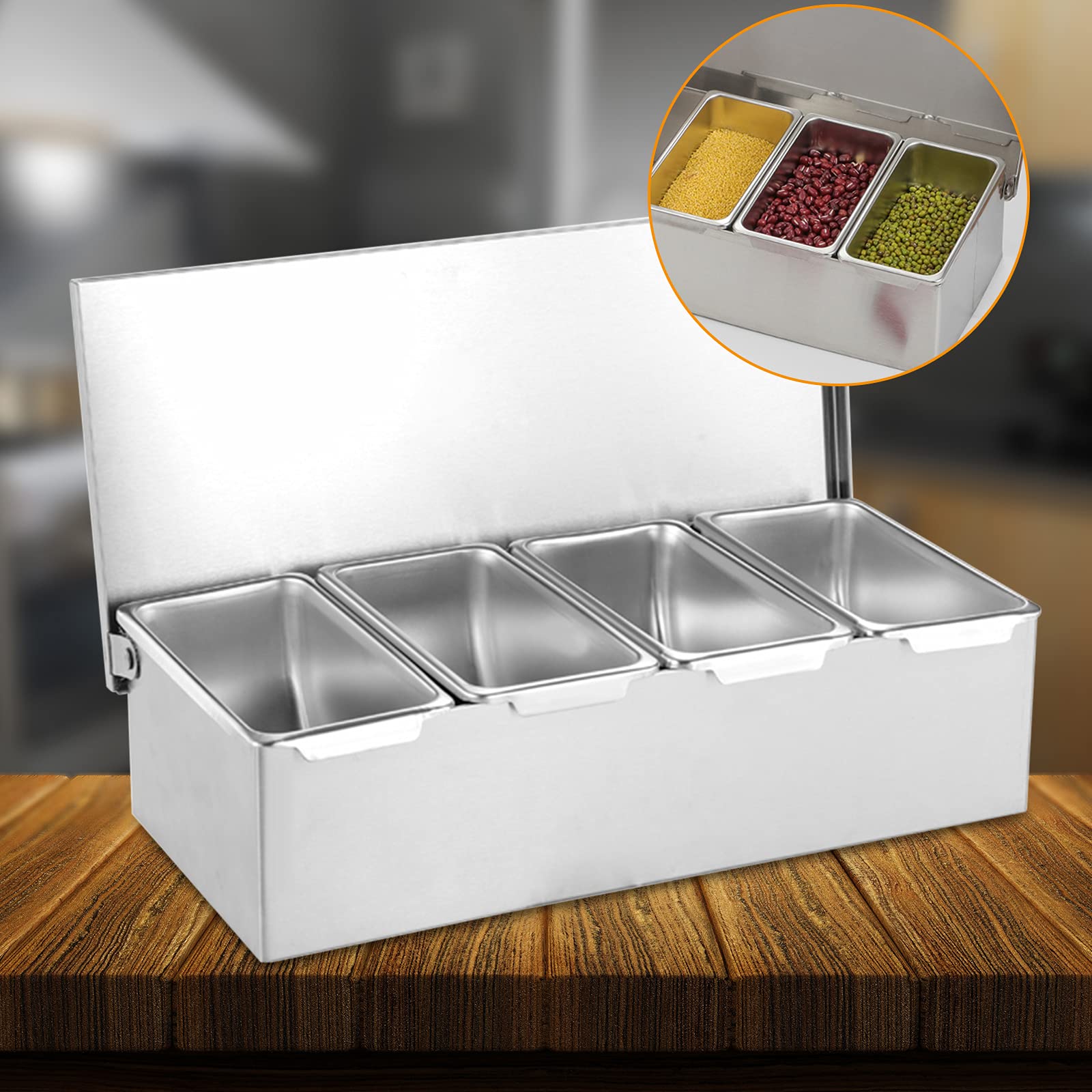Zutatenbehälter, 4 Edelstahl Behälter mit Deckel, Abnehmbar Gewürz Behälter, Beilagenbehälter, Obstkiste, Pizzastation, Gewürzgläser, für Obst, Toppings, Salz, MSG, Snacks, 31 x 15 x 8.8 cm