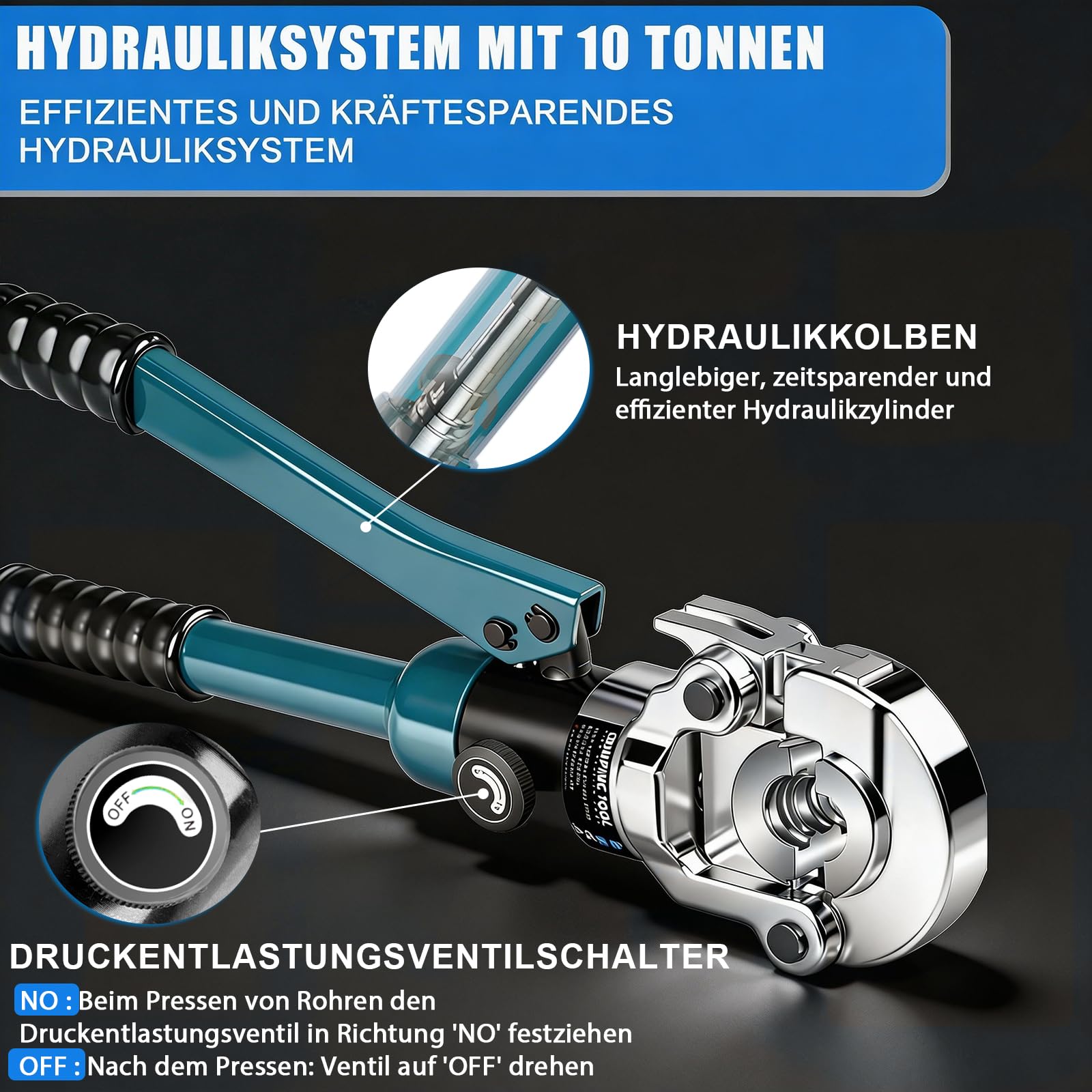 Profi Kupferrohrzange Hydraulisch Kupferrohr zange Presswerkzeug mit TH-Kontur inkl. TH16 TH20 TH26 TH32, Presszange mit 180° drehbarem Kopf für Kupferrohr, C-Stahlrohr, Edelstahlrohr, Backeneinsätze