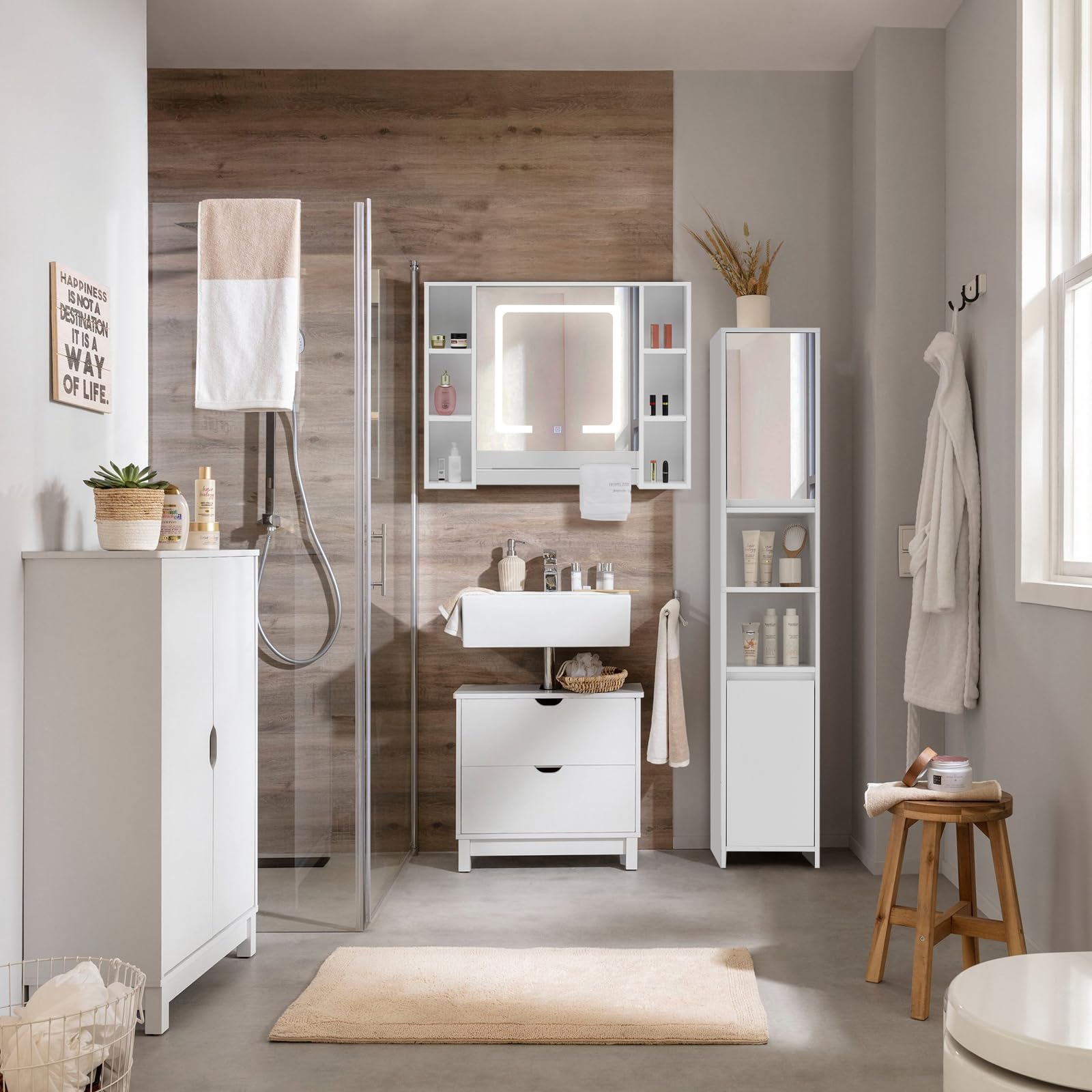 Armario de Baño Espejo con luz LED y toallero 6 Almacenamiento Abierto, Armario de Almacenamiento montado en la Pared, gabinete de Pared de 1 Puerta con estantes Ajustables, Muebles de baño y Ducha