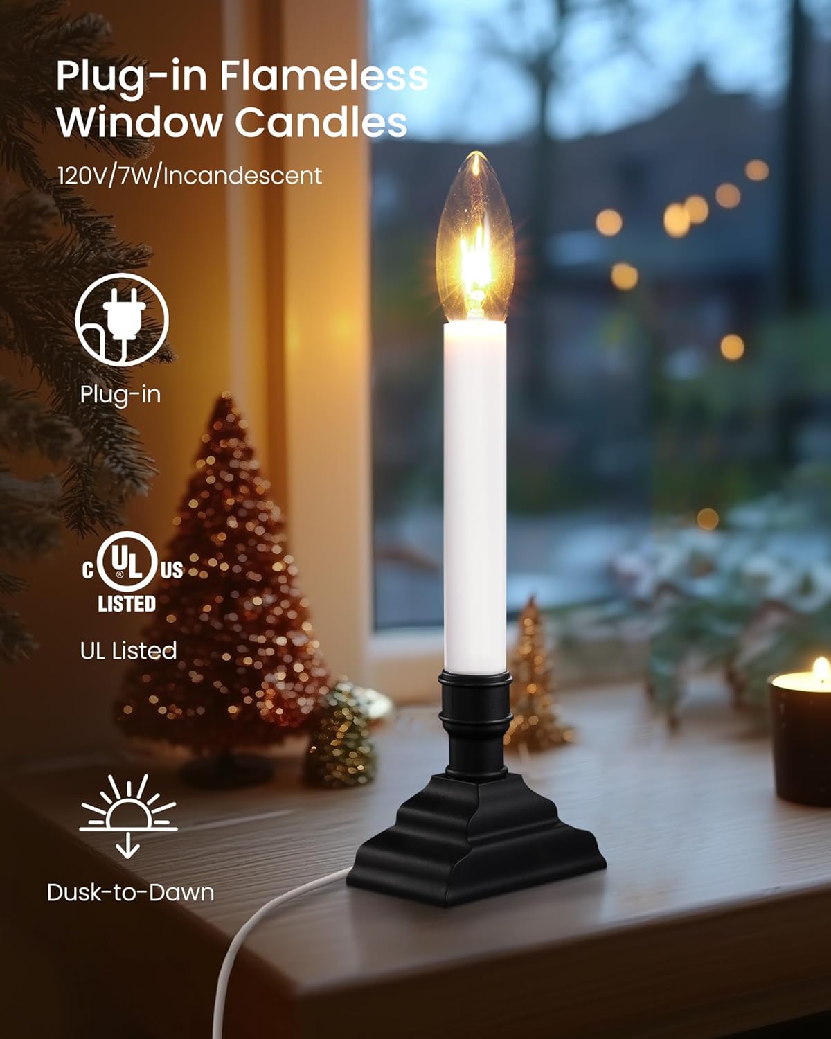 SURAIELEC 6 Pack Plug-in Window Candles, Dusk-to-Dawn Window Lights with Black Candle Holders, Flameless Candlesticks for Christmas Window, Mantel, Dining Table, Matte Black, UL Listed
