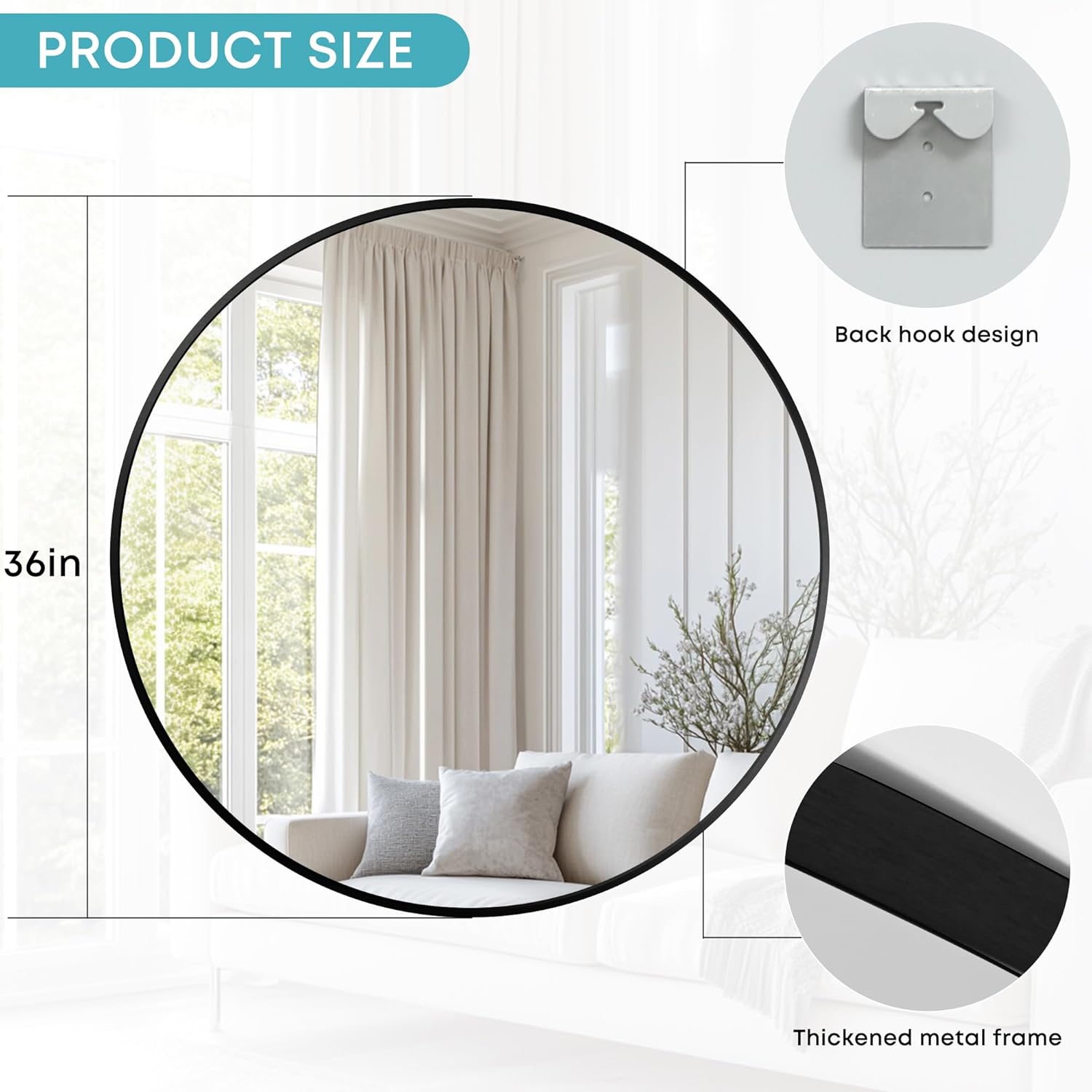 Round Mirror, Wall Mounted Circle Mirror with Brushed Metal Frame, Circular Mirrors for for Bathroom, Living Room, Vanity, Bedroom, Entryway, 36inch, Black