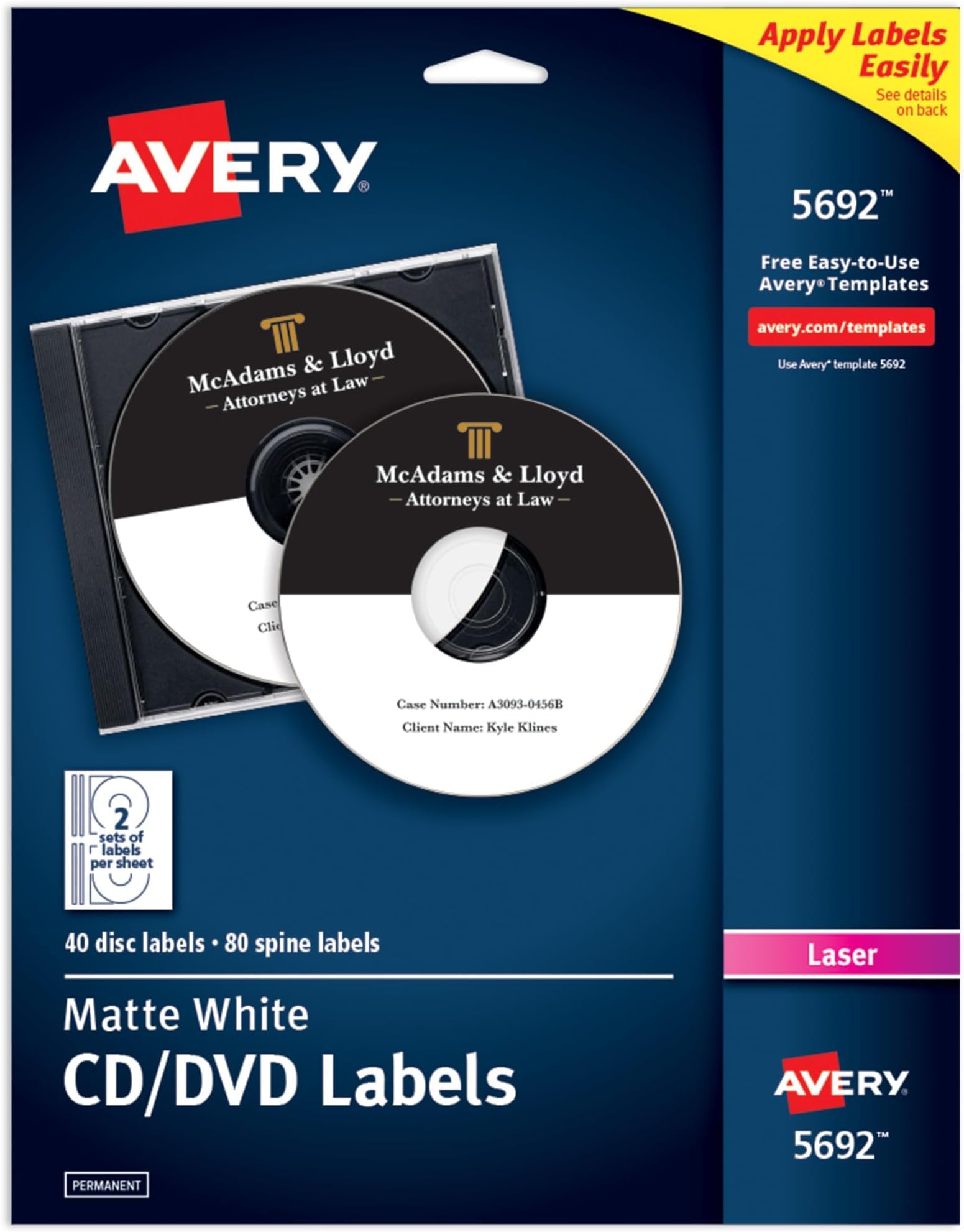 Avery Printable CD Labels, Matte White, Permanent Adhesive, Laser Printable, 40 Blank CD &amp; 80 Blank Spine Stickers, Great for DVD, PC Discs, and More (5692) (Pack of 5)