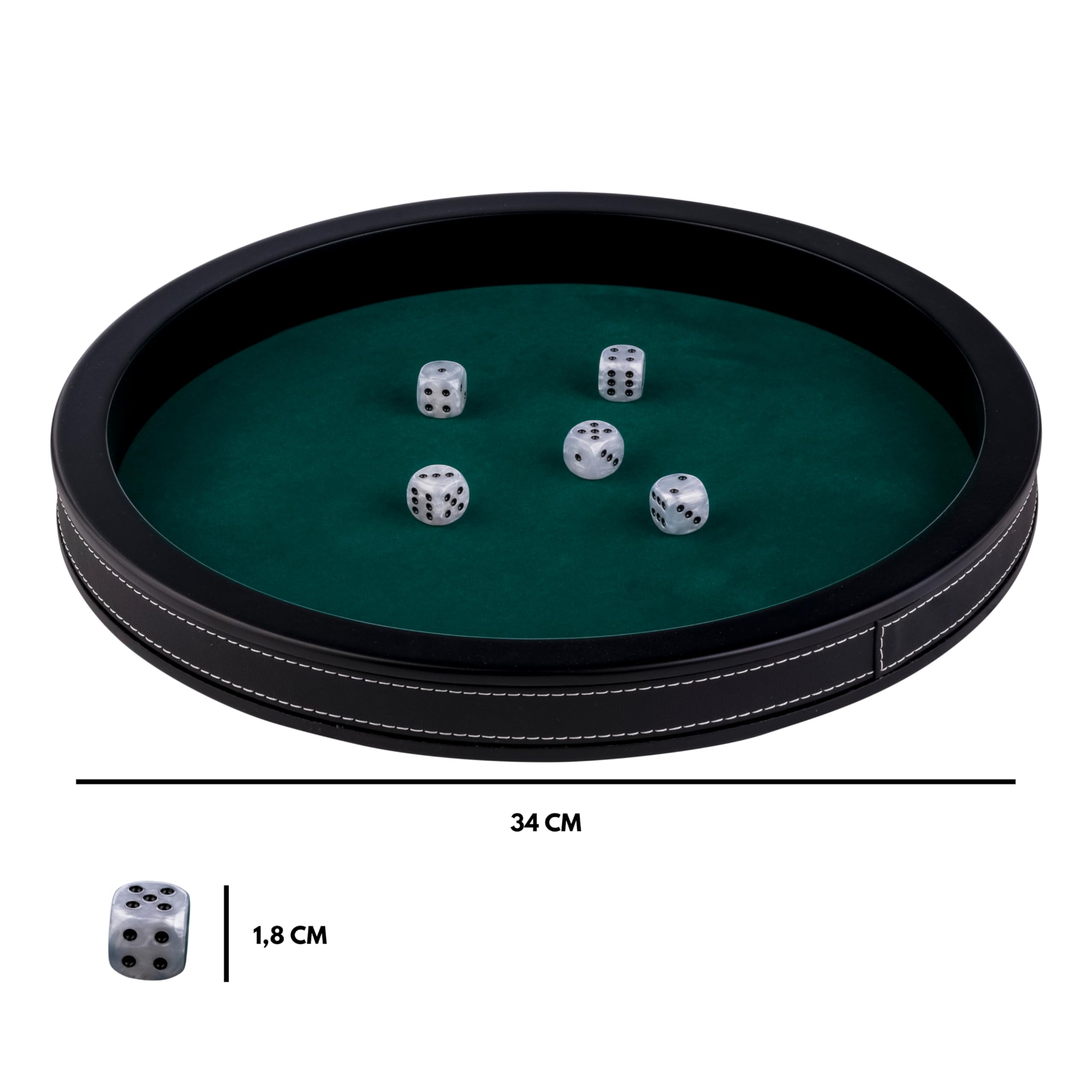 Engelhart-300801, Poker Table Tray Round 34 cm Luxury, Black Faux Leather, Inlaid Green Felt, Raised Edges, 5 Dice Included - Image 3