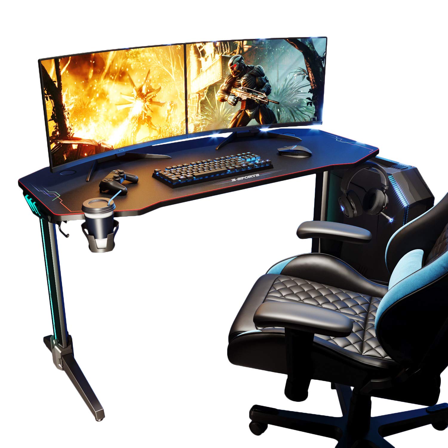 SONNI Gaming Tisch mit LED,140cm großer Oberfläche/PC Tisch/Gaming Desk,2-3 Monitore aufstellbar mit Mausunterlage,Getränkehalterung und Kopfhörerhaken