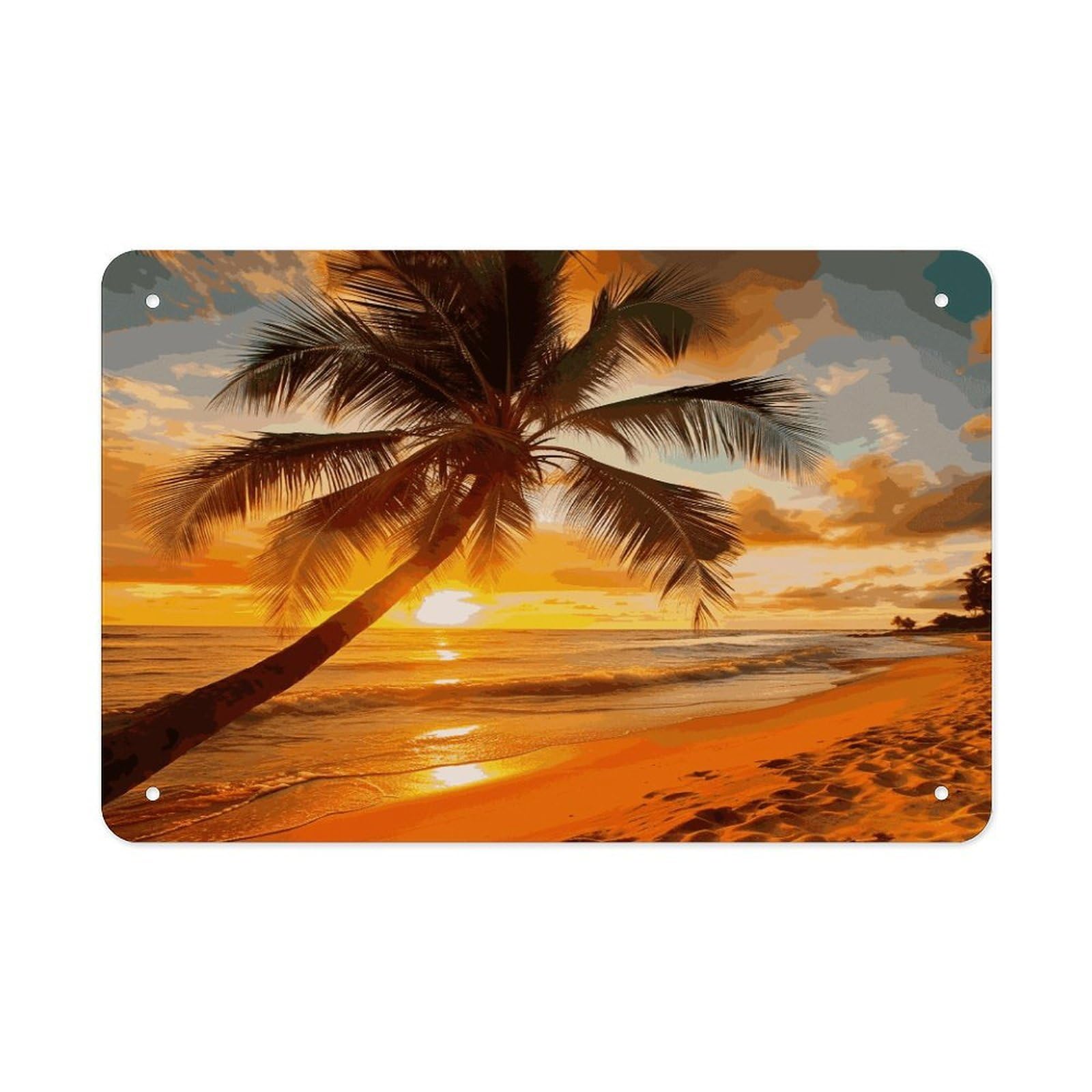 LDGSUPH Tropical Beach Palm Tree Sunset Metal Tin Sign Wall Art Prints Folded Edge Iron Sheet Painting with Holes for Wall Prints Decorative Picture Metal Signboard Decor Painting Wall Decor