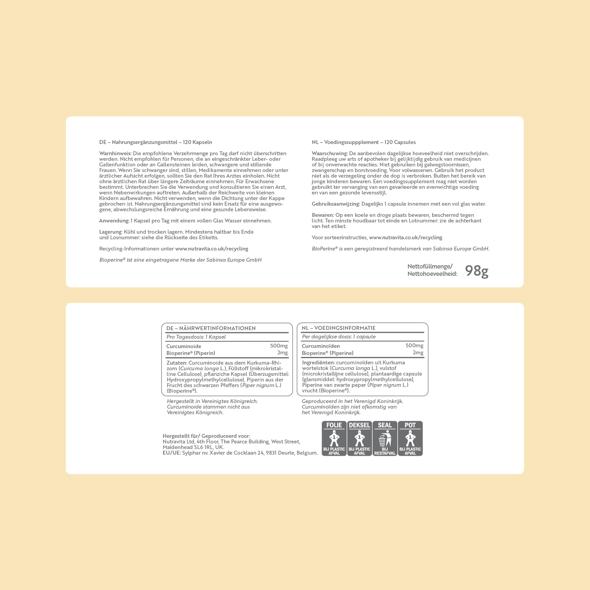 Nutravita Curcumina Premium - 120 Cápsulas de Curcuma en Polvo - Curcumina y Piperina - 95% de Curcuminoides con Bioperine® – Curcuma con Pimienta Negra para Mejorar la Absorción - Veganas