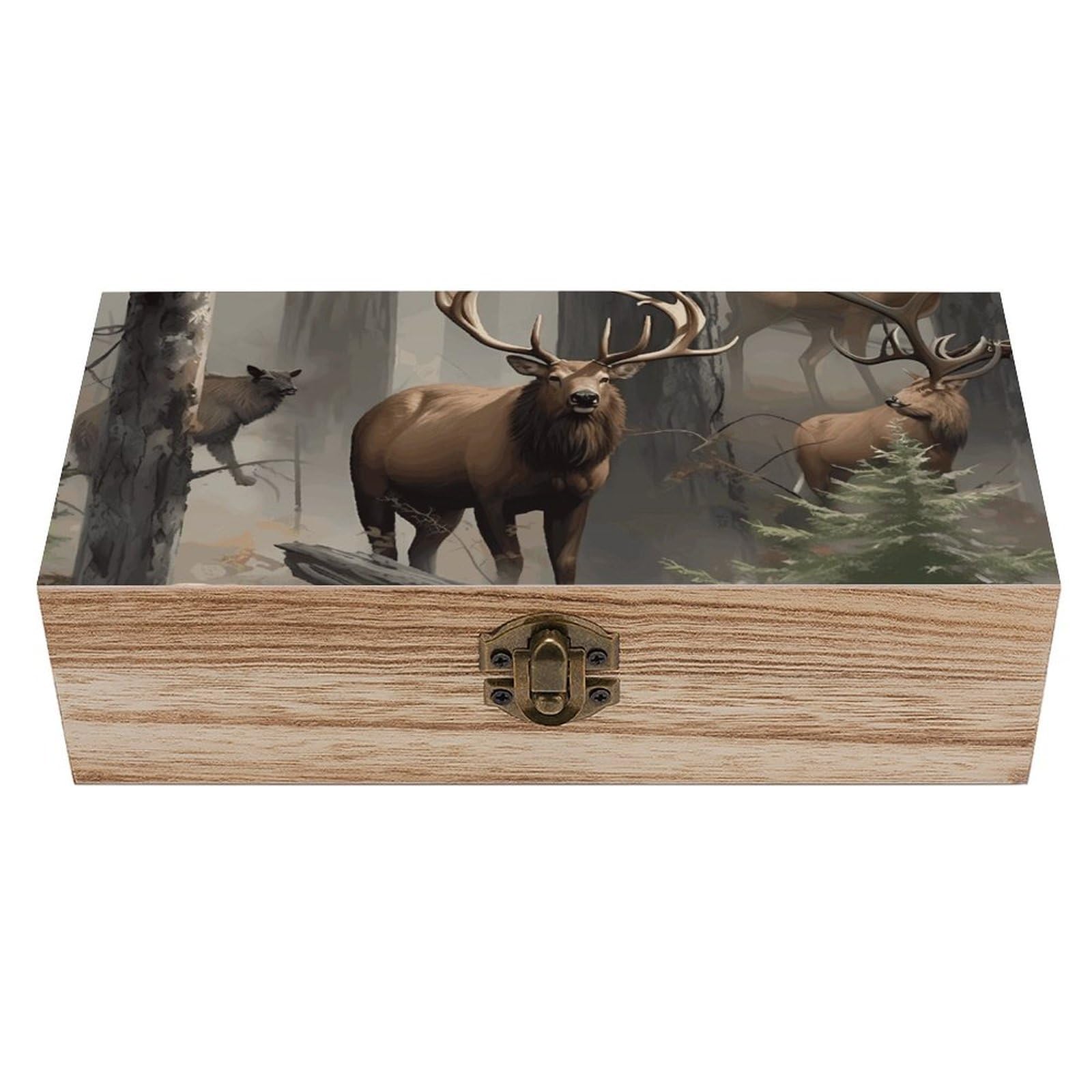DWVTSLH Hunting Deer Bear Elk Wooden Storage Box Locked Wood Gift Box Decorative Keepsake Boxes Storage Bins, Memory Boxes for Pictures, Jewelry Organizer Unique Gift Ideas for Men Women