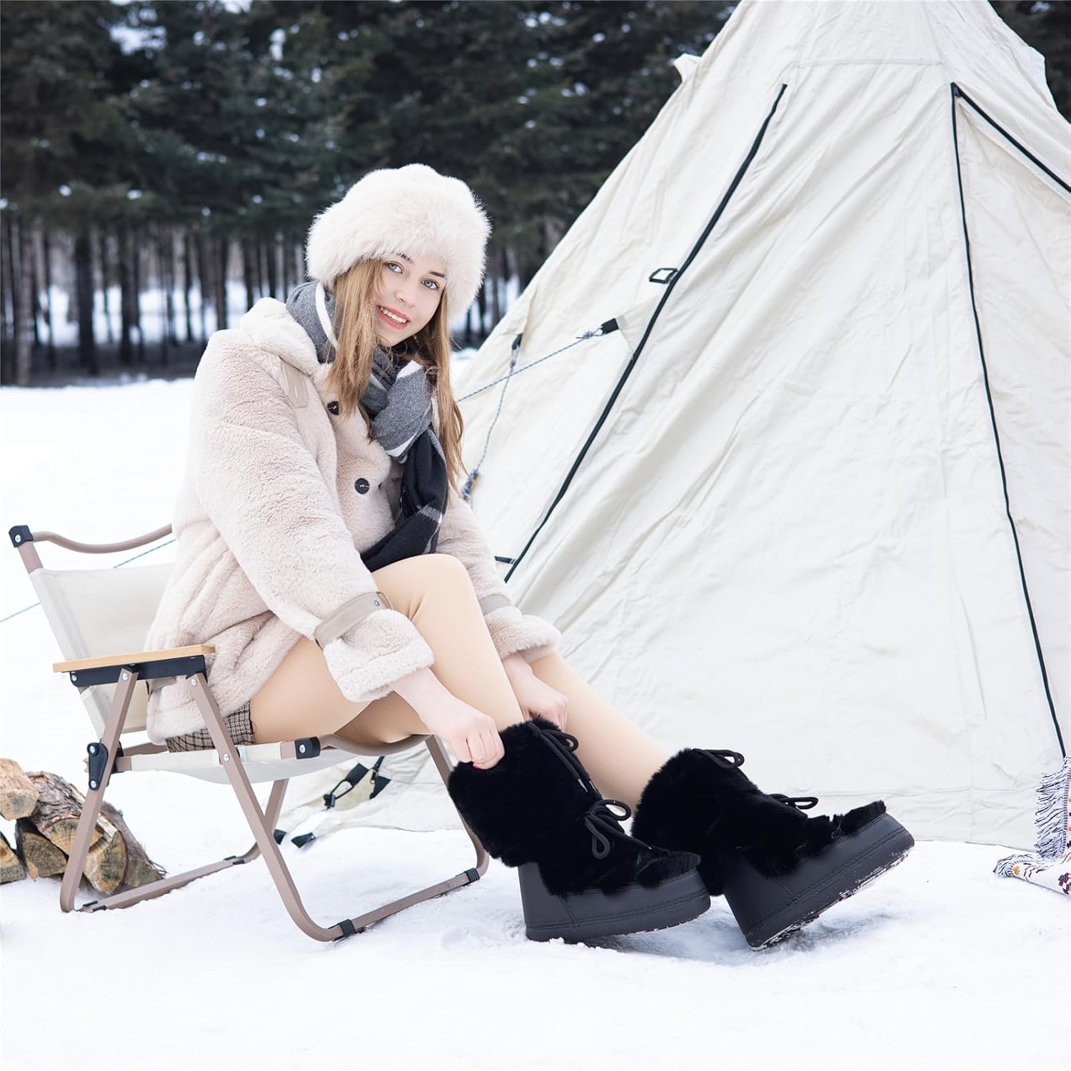 Faux Fur Snow Boots for Women,Furry Fuzzy Fluffy Womens Boots Lace-up Winter Warm Fur Lined Mid-Calf Non-Slip Ski Boots - Image 3