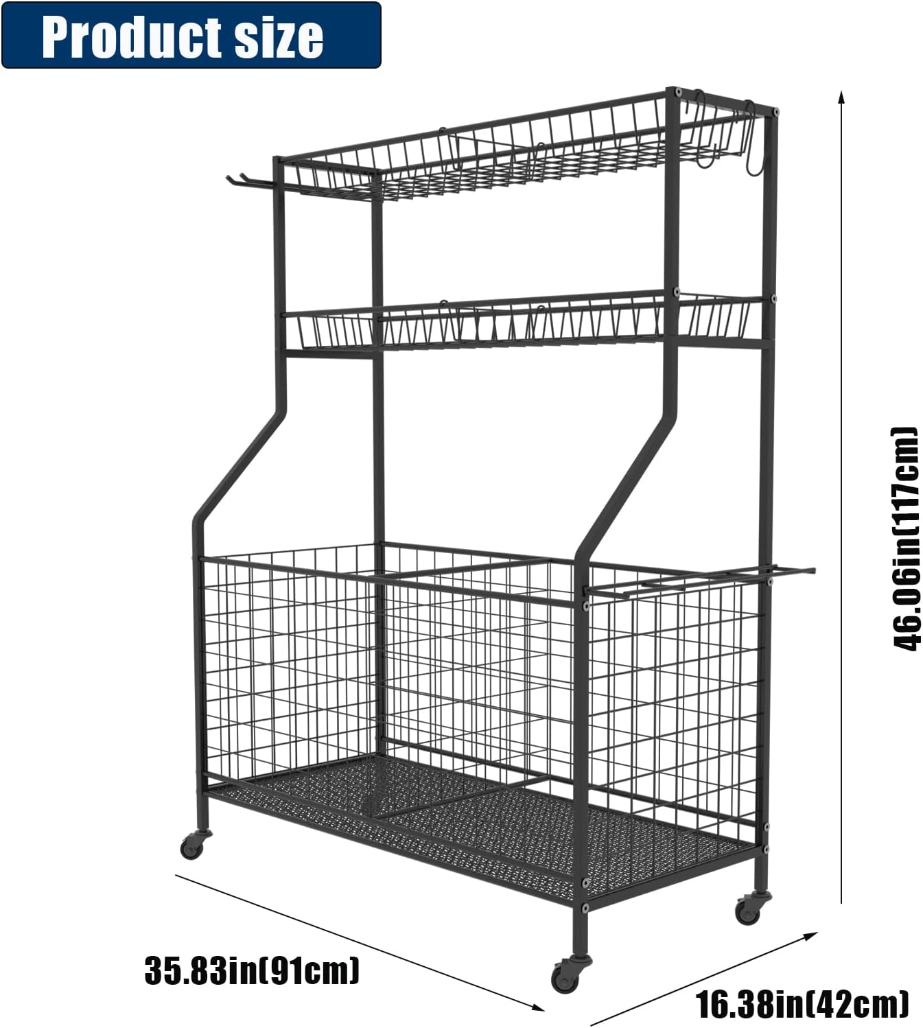 Garage Sports Equipment Organizer,Ball Storage Rack,Garage Organizer with Baskets and Hooks, Sports Gear Storage,Garage Ball Storage, Black
