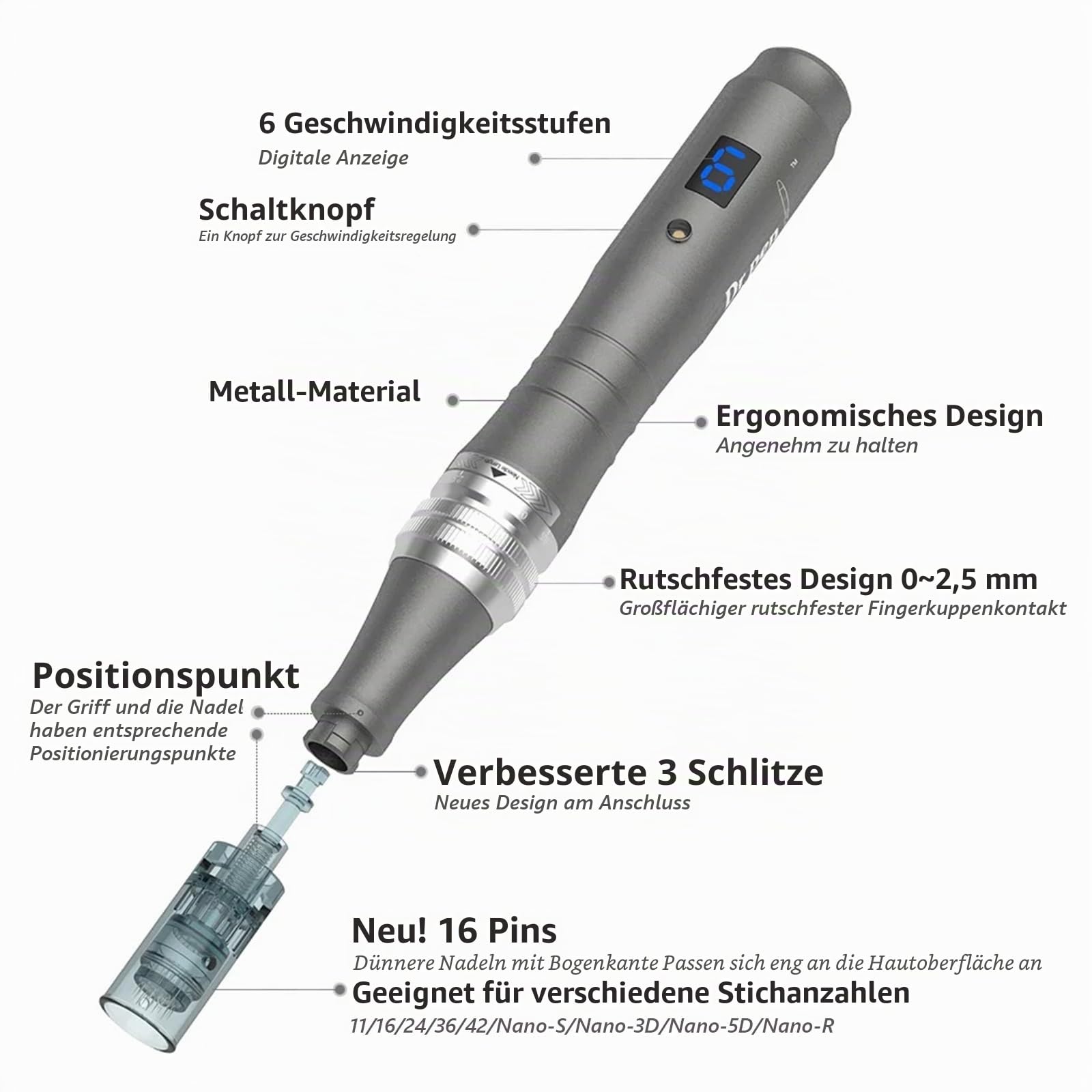 Dr. pen M8 Professioneller Microneedling Pen – Kabellos mit Digitalanzeige, 6 Geschwindigkeiten, 0–2,5 mm verstellbar, inkl. 22 Ersatzpatronen