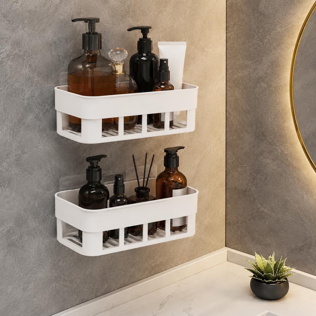 Bathroom Organiser Without Drill Combo Set, Plastic Adhesive Wall Mounted Shelf with Soap Holder, Waterproof Storage Rack, Strong Self Adhesive Organizer (Shelf Set-2)-image-49
