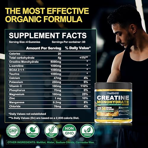 Miniatura 5 de Health4All Gomitas de monohidrato de creatina 5G para hombres y mujeres, suplemento de preentrenamiento para energía y apoyo al crecimiento muscular