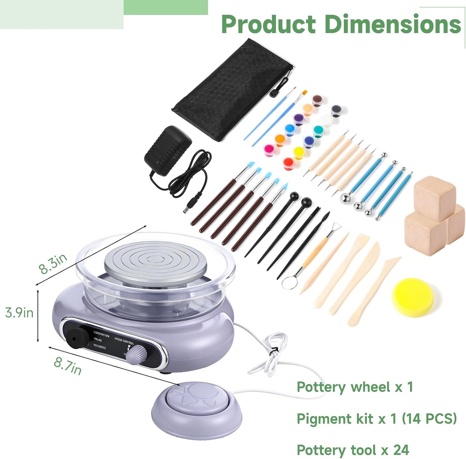 Mini Pottery Wheel Kit Electric Turntable Clay Machine with 24 Shaping Tools 12 Color Paint Set 3 Clay Blocks, Adjustable Speed Pottery Making Machine with Foot Pedal for DIY Craft Projects