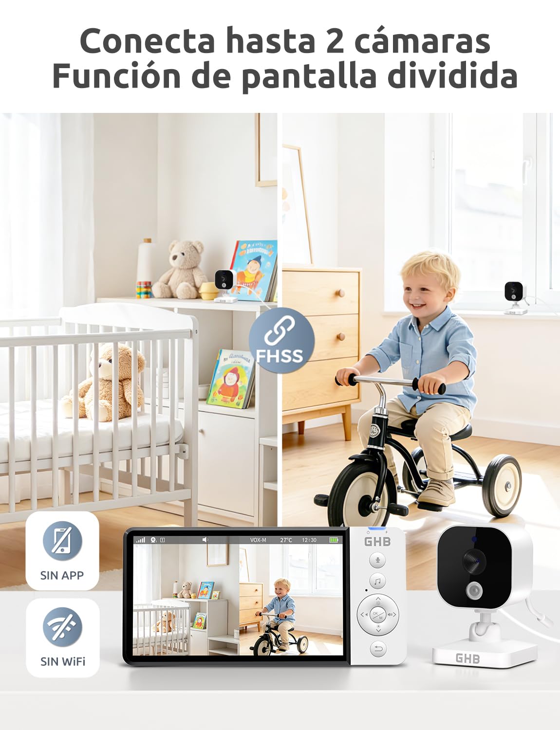 GHB Camara Vigilancia Bebe con 5" HD Vigilabebes con Camara Duración de Batería 168 Horas Pantalla Dividida, 4×Zoom, Comunicación Bidirecciona Escucha Bebe