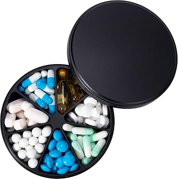 Metal Pill Organizer with 7 Compartments - Heavy Duty Anti-Mix Pill Container Pill Dispenser, Large Waterproof Daily Pill Box Pill Case for Vitamin, Medicine, Supplement, Fish Oil, 0.39lb Black