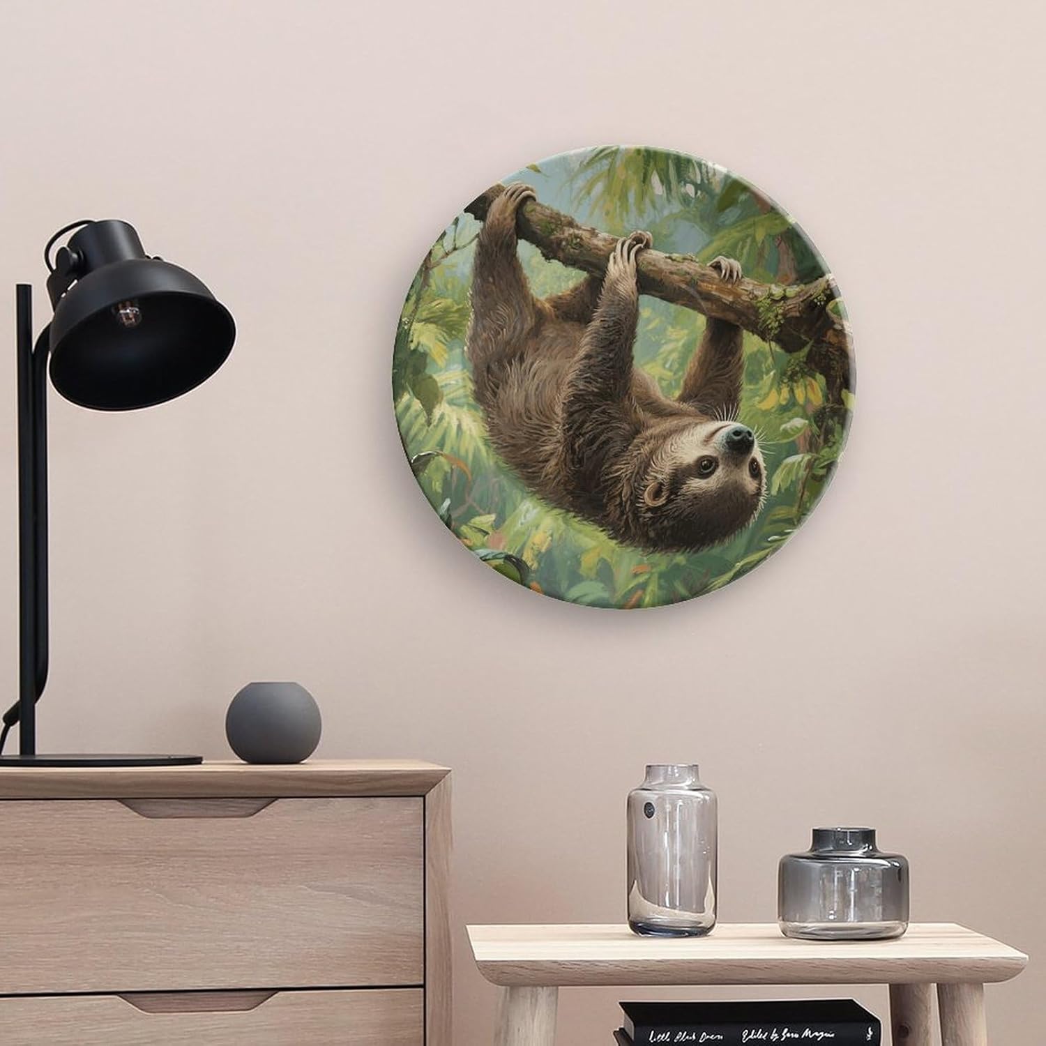 Lazy Sloth Ceramic Plate 10inch Decorative Bone China Wall Hanging Ornament Plates Bohemian Style Dinner Plate with Display Stand Cabinet Display Plates for Home Art Decor