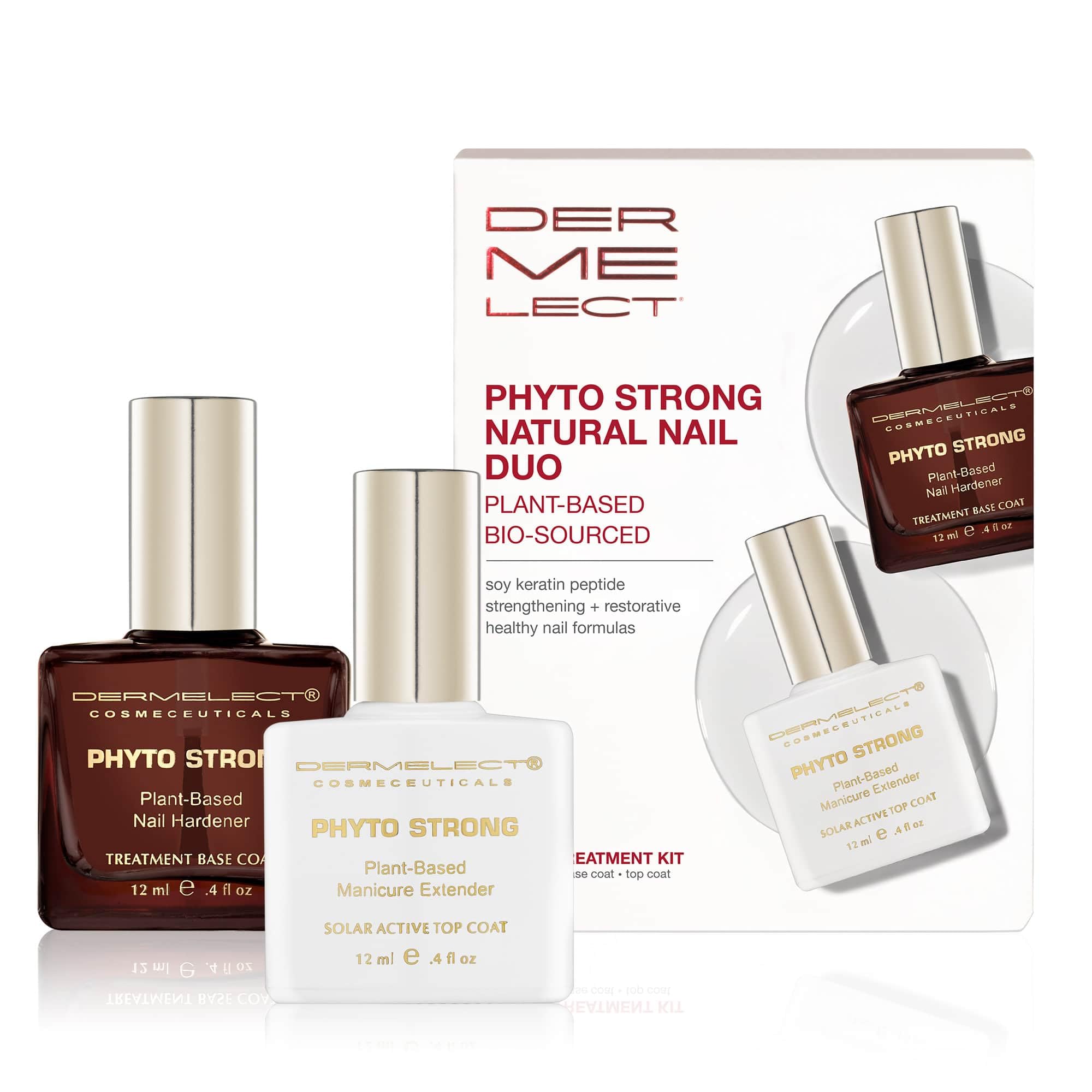 Dermelect Cosmeceuticals Phyto Strong Natural Nail Duo (2 full size pcs) Protein-Peptide Infused Base Coat & Top Coat Set, Strengthening, Hardening, for All Nail Types, Plant-Based, Vegan, Non-Toxic