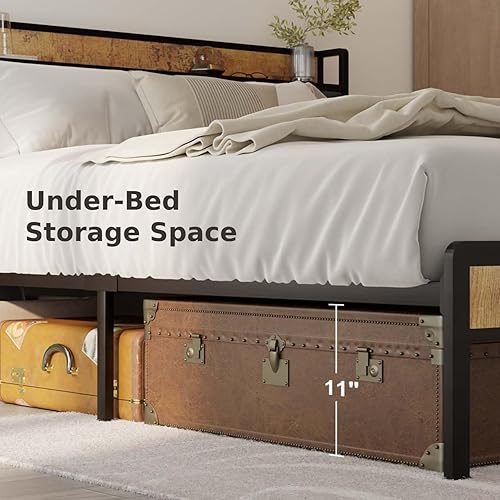 Miniatura 5 de Gizoon Base de cama de plataforma tamaño Queen, marco de cama de metal con cabecera de almacenamiento, resistente y estable, sin ruido, no necesita