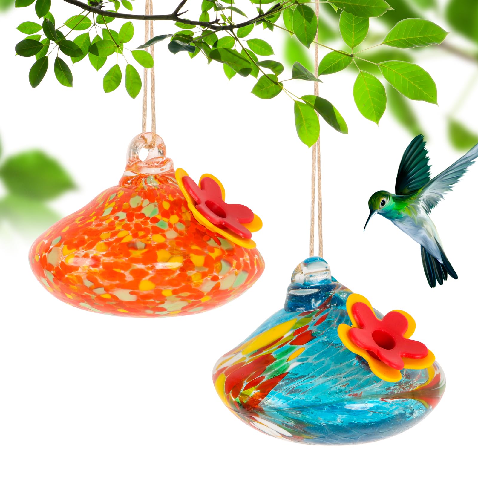2 comederos de colibrí de vidrio soplado para colgar al aire libre, resistentes a hormigas y abejas, comedero de pájaros hecho a mano, decoración de jardín, regalo para mujeres, paquete de comederos