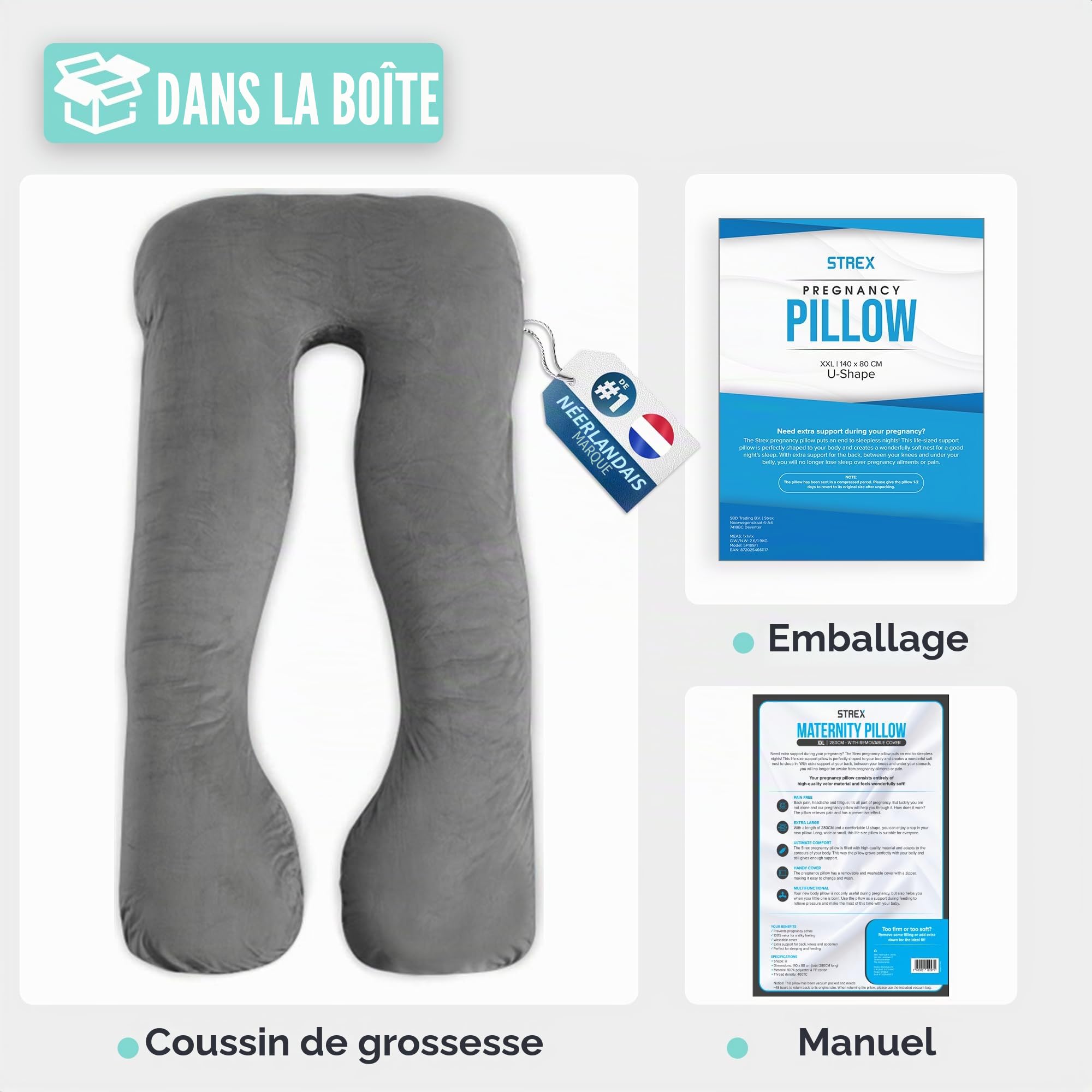 Strex Coussin de maternité XXL - 280cm - Coussin Gros - Housse amovible - Coussin de couchage latéral / oreiller corporel / Coussin nutritionnel