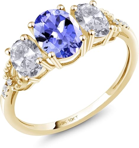 Gem Stone King Anillo de compromiso de oro amarillo de 10 quilates con topacio blanco y diamantes de tanzanita azul para mujer (1.97 qttw,