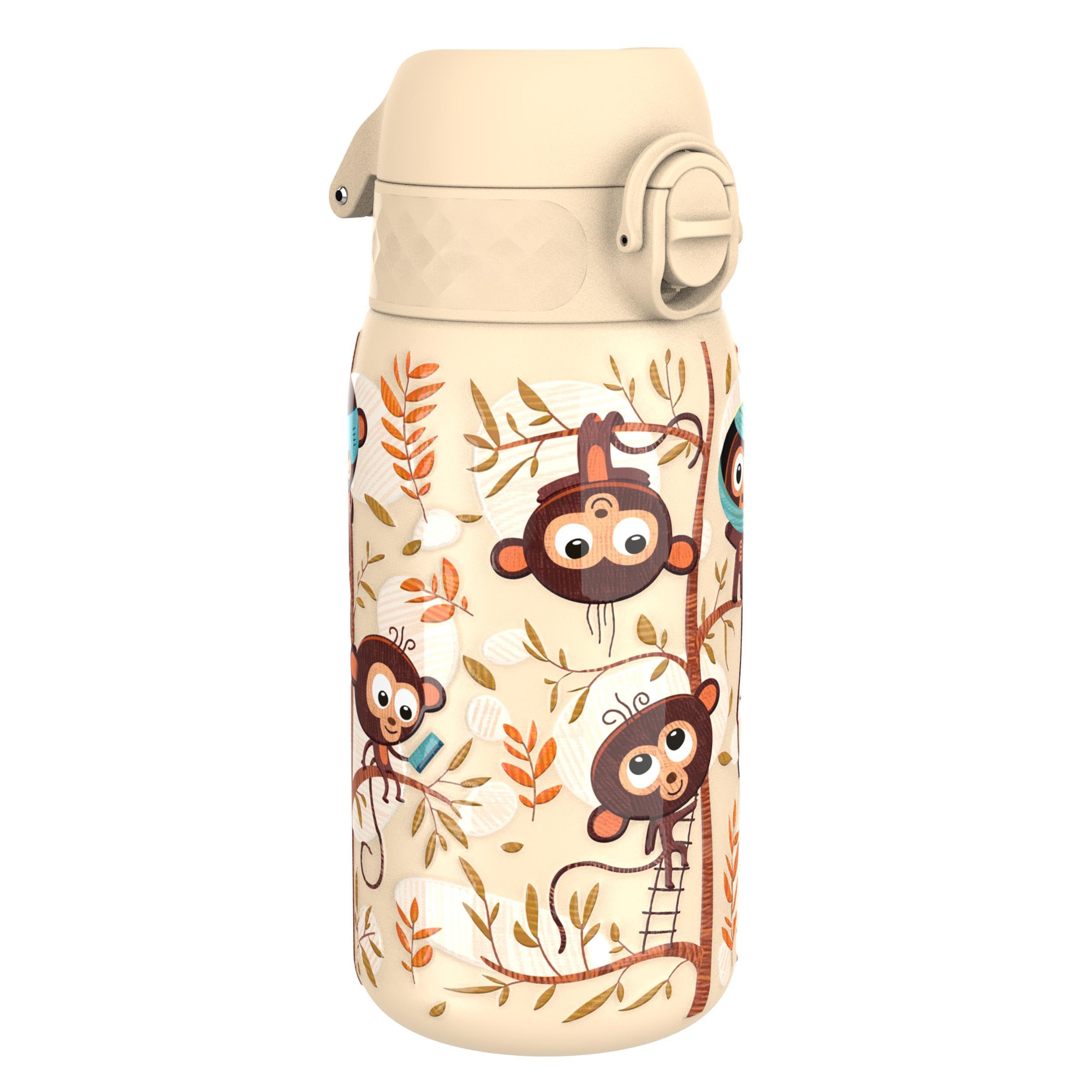 ION8 Butelka na Wodę dla Dzieci ze Lekki Stali, 400 ml/13 oz, Nieocieplany, Szczelna, Łatwa do Otwarcia, Bezpieczny Zamek, Można Myć w Zmywarce, Składany Uchwyt, Łatwa w Czyszczeniu, Małpy