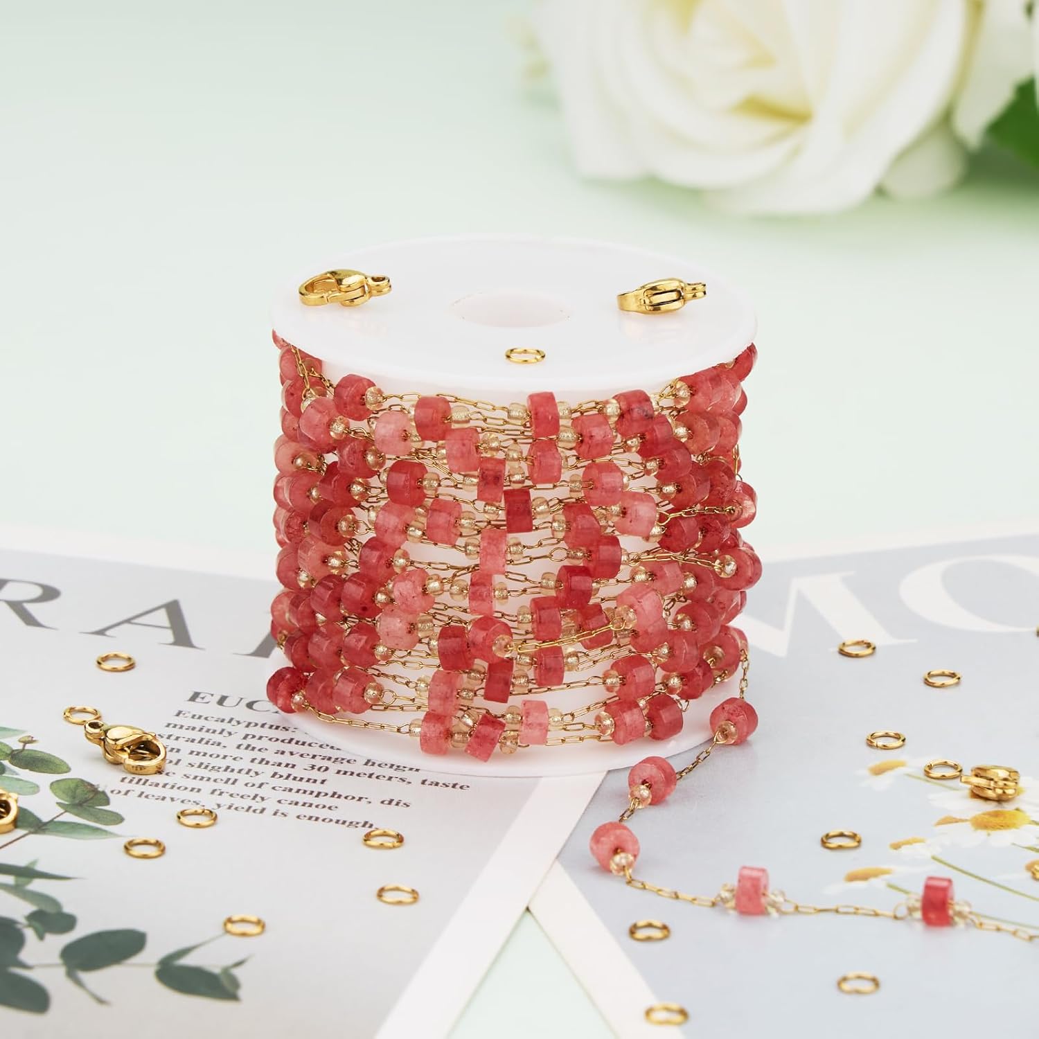 KYUNHOO 9.8 Feet Gold Plated Stainless Steel Chain for Jewelry Making Thin Paper Clip Link Roll on Bulk Strawberry Pink Beaded Jewelry Chains for Women DIY Handcrafts - Image 5