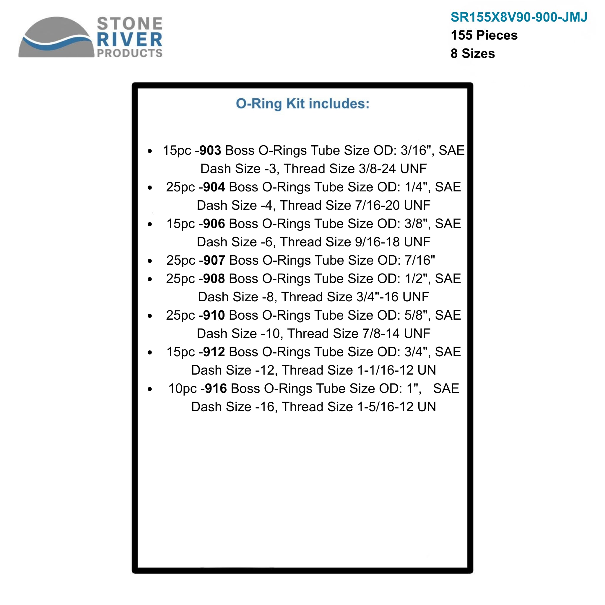 Stone River Products Kit de juntas tóricas SAE Boss - 155 piezas, 8 tamaños, fluorocarbono FKM (equivalente a Viton) 90 Duro - Accesorios de tubo de rosca recta serie 900