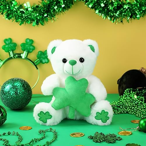 Miniatura 4 de Silipull 2 piezas de peluche de oso blanco del día de San Patricio con tréboles de trébol verde de 9.06 pulgadas, peluche de buena suerte para
