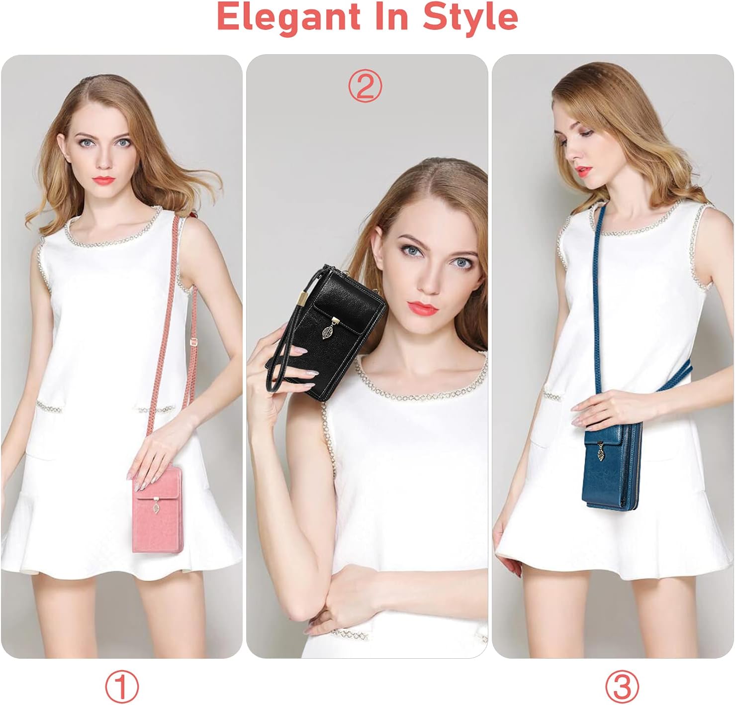 Three different models demonstrating various ways to wear the ENONEO crossbody phone bag: as a crossbody bag, held as a clutch, and as a shoulder bag.
