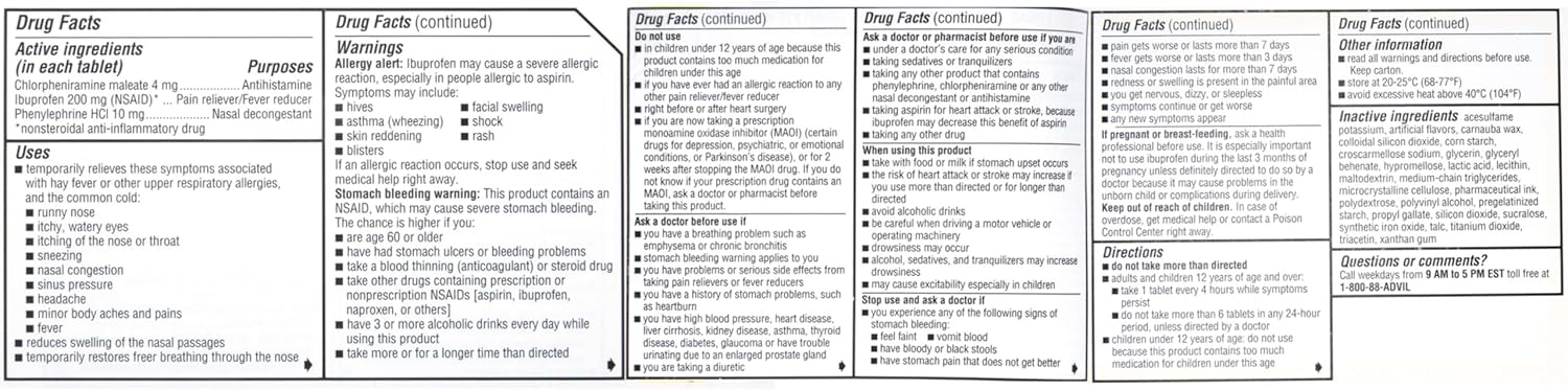 Advil Allergy and Congestion Relief Tablets, Pain Reliever, Fever Reducer and Allergy Relief with Ibuprofen, Phenylephrine HCl and Chlorpheniramine Maleate 4 mg - 20 Coated Tablets