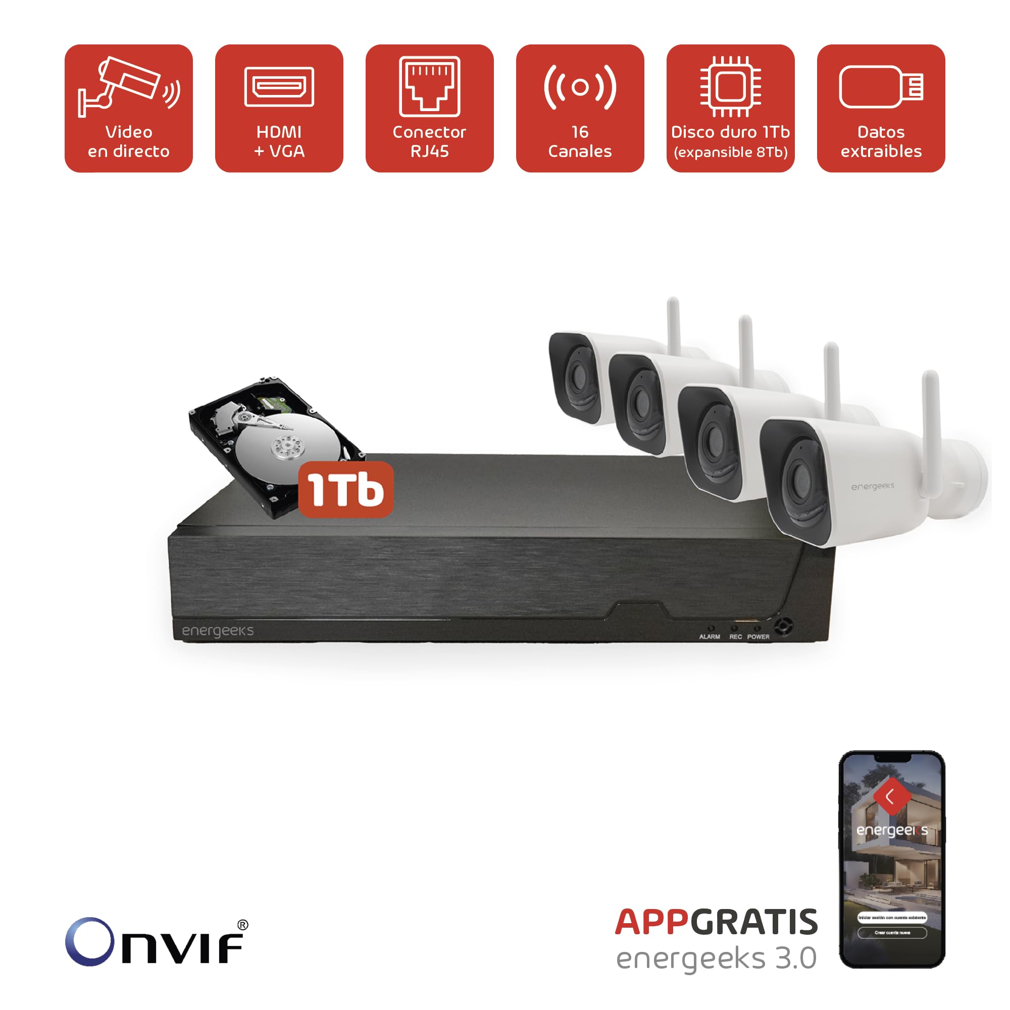 Energeeks - Grabador NVR - 4 Cámaras de Exterior Incluidas - 16 Canales - Disco Duro 1TB - Grabación 24/7 - Conexión RJ45 - Solo Compatibles con Cámaras de Seguridad con Protocolos ONVIF
