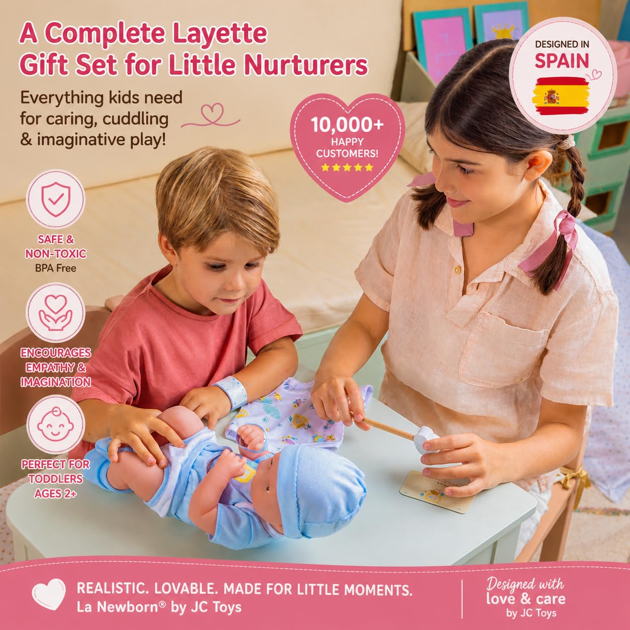 JC TOYS - La Newborn noworodek 38 cm, miękki winyl, w zestawie odzież i 8 akcesoriów, niebieski, zaprojektowany w Hiszpanii przez Berenguer, 2 lata