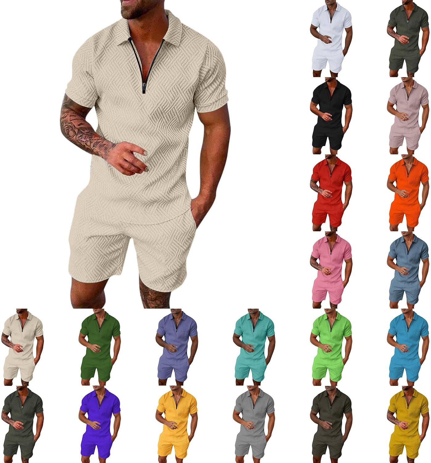 Tuta Uomo Estiva Sportiva Maniche Corte Cerniera T-Shirt e Pantaloncini Estiva 2 Pezzi Set Completo Completa Cotone Leggero Tute Due Maglietta e Complete