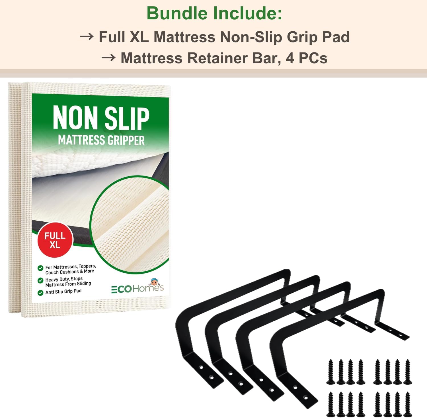 ECOHomes Bundle - Full XL Mattress Grip Pad + 4 PCs Mattress Retainer Bar