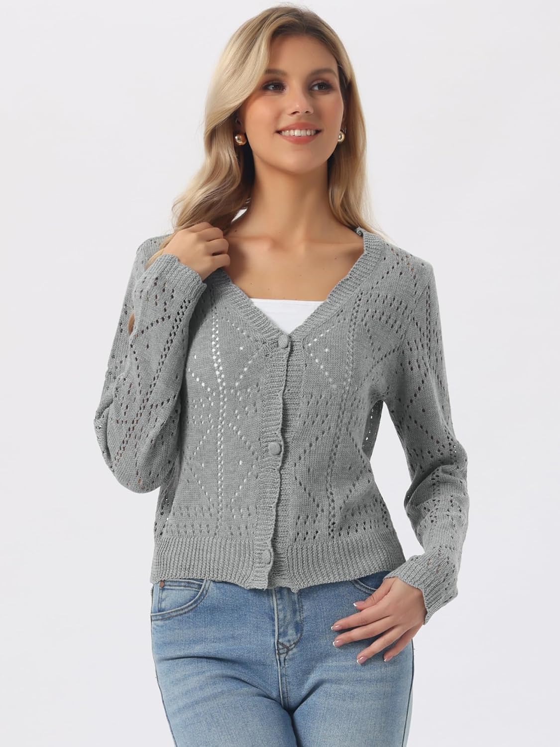 Allegra K Women's Crochet Cardigan Long Sleeve Cropped Knit Sweater Button Up Casual Beach Coverups - Image 3