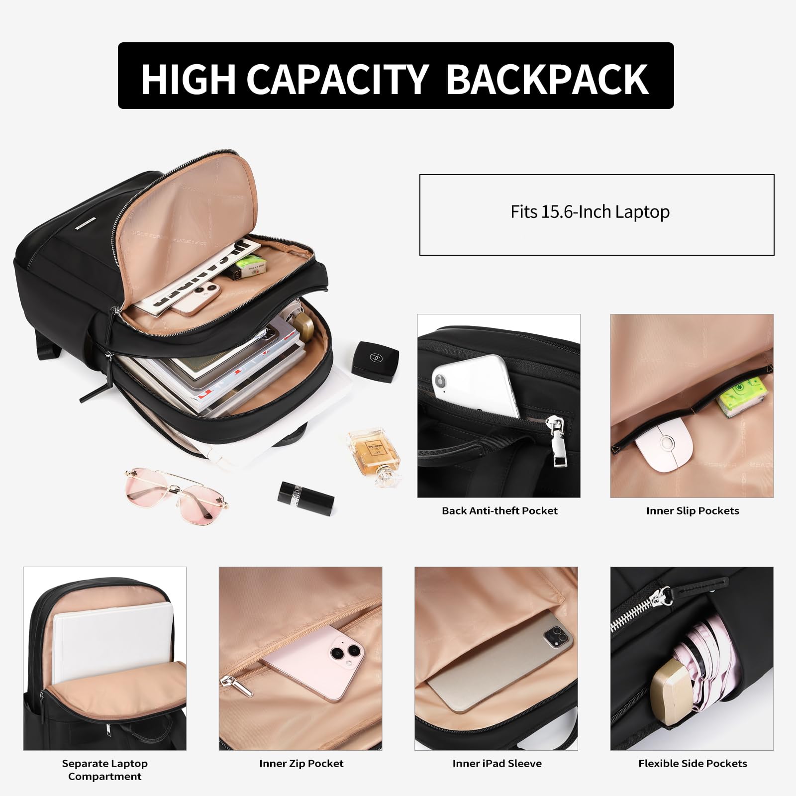 GOLF QUALITY Zaino Porta PC, Donna Zaino PC Portatili Zaino per Computer da 15.6 Pollici Notebook, Zaino per Laptop Nero, Zaino Antifurto da Uomo per Scuola,Lavoro o Viaggio