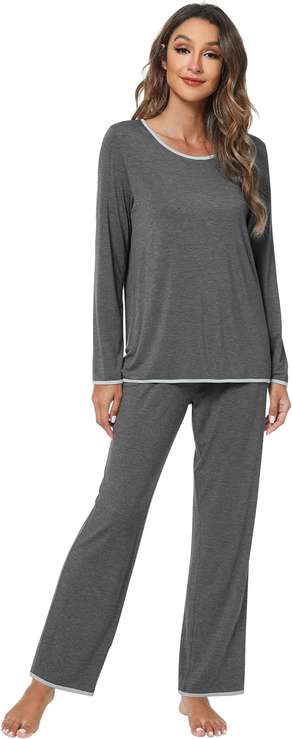 WiWi Women's Pajamas Set Soft Long Sleeve Tops and Pants Viscose from Bamboo Sleepwear Lightweight Pj Loungewear S-XXL
