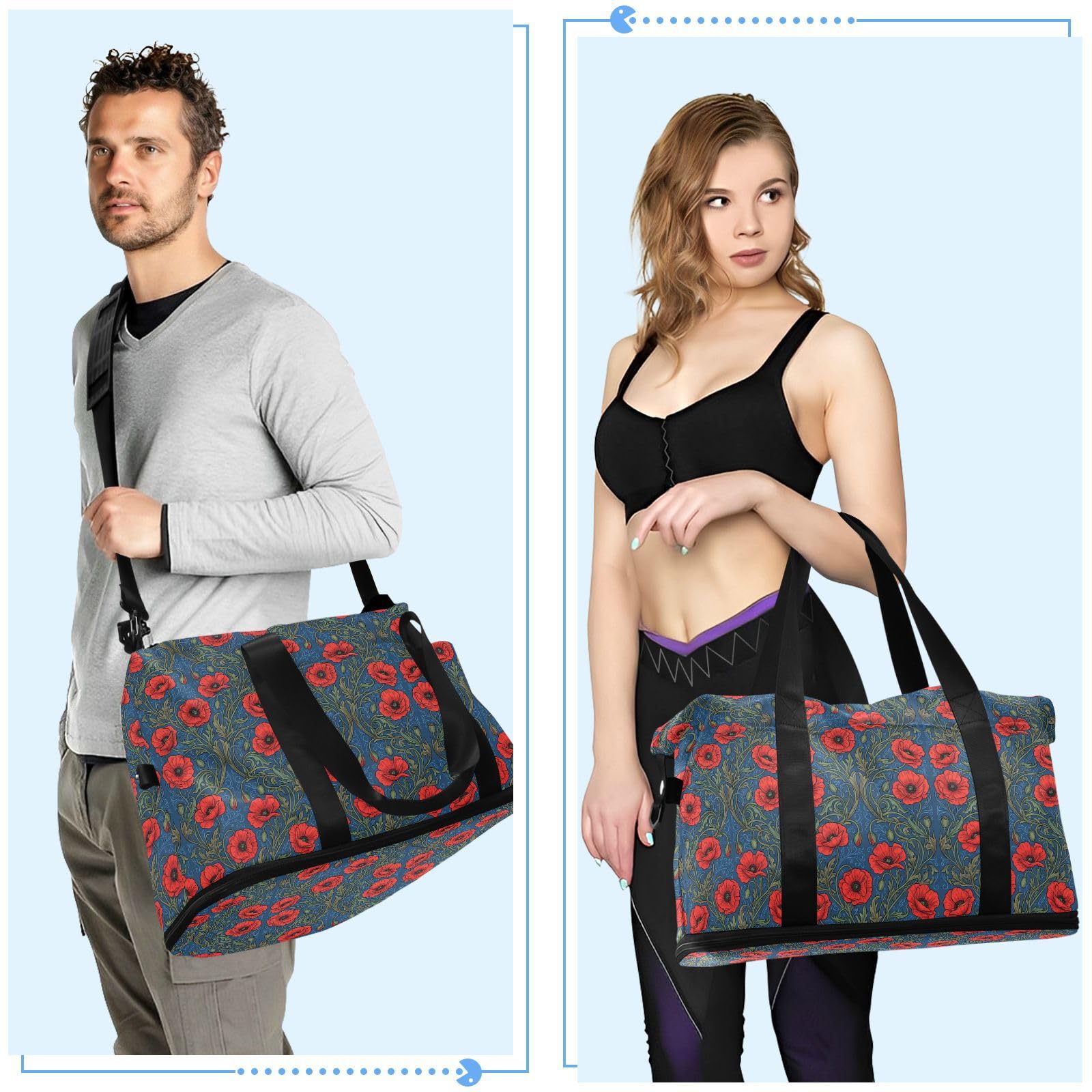 William Morris Red Alabia Poppy podróżna torba podróżna z kieszenią na mokro regulowany pasek sportowa torba na siłownię do trekkingu 2 szt. zestaw dla mężczyzn kobiet