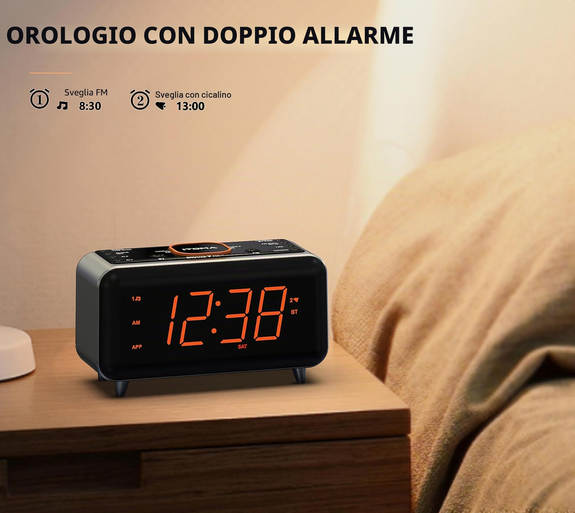 iTOMA Radiosveglia con Controllo Tramite App, Bluetooth, Radio FM, Doppia Sveglia con 4 Modalità di Allarme, Snooze, Dimmer, Luce Notturna, Porta di Ricarica USB CKS208