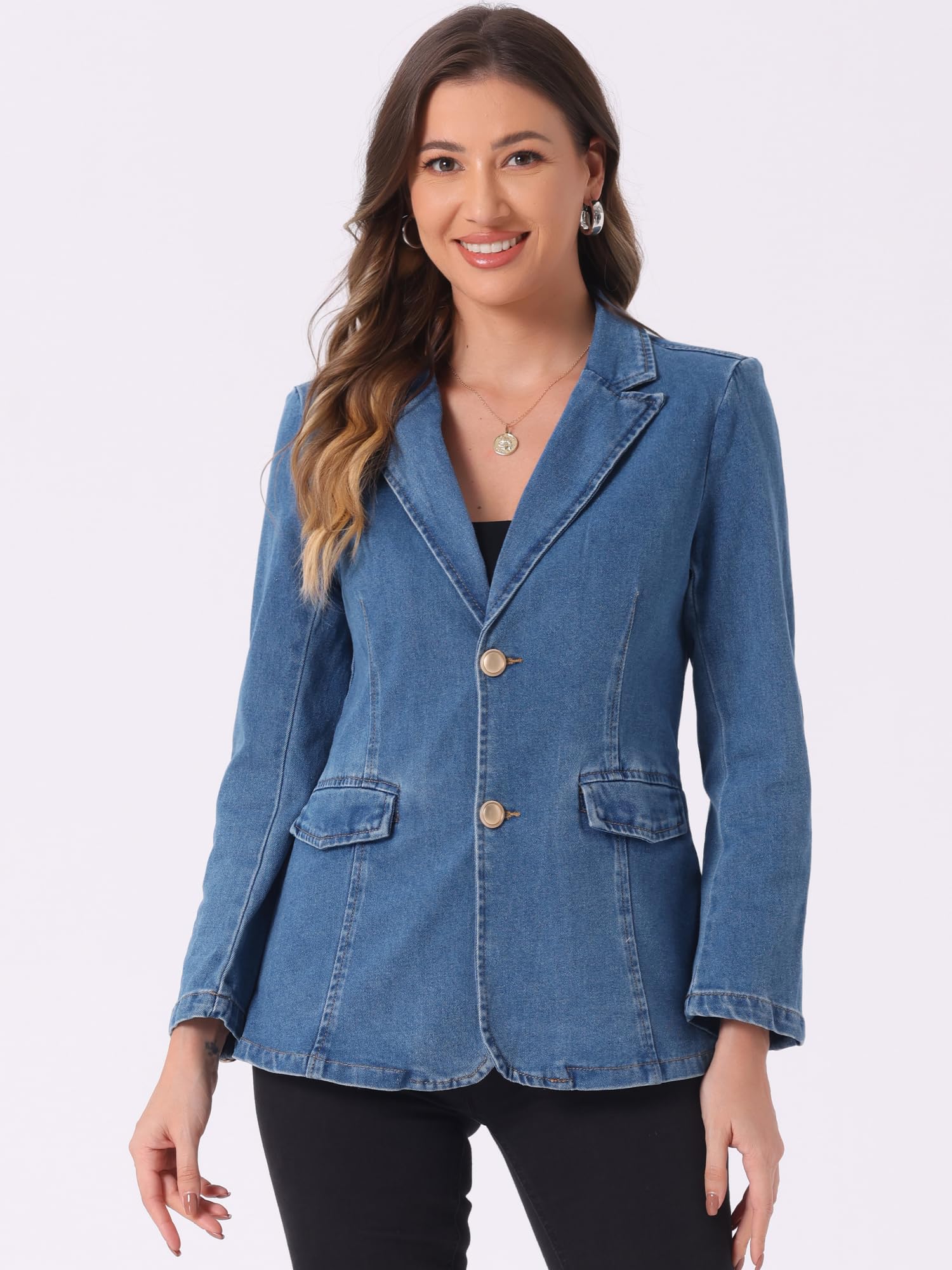 Allegra K Blazer de Solapa para Mujer y 1 Solo Pecho de Mezclilla con Hombreras Chaquetas Informales de Negocios
